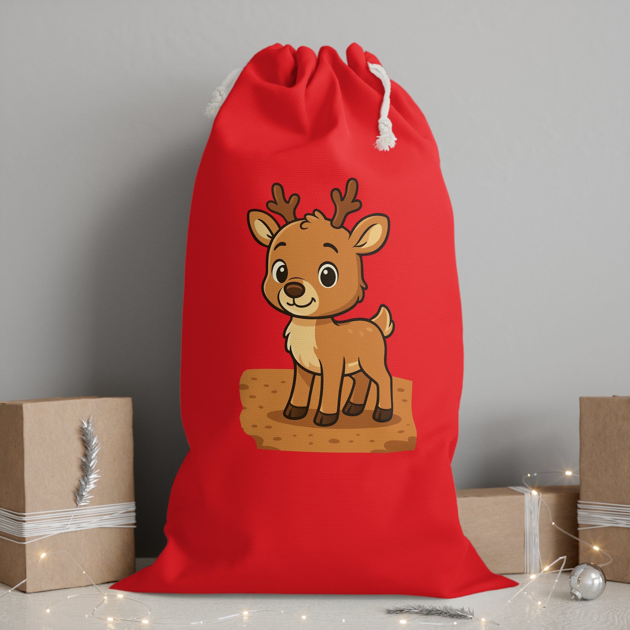 Cute Cartoon Reindeer Sack | Holiday Santa Gift Bag