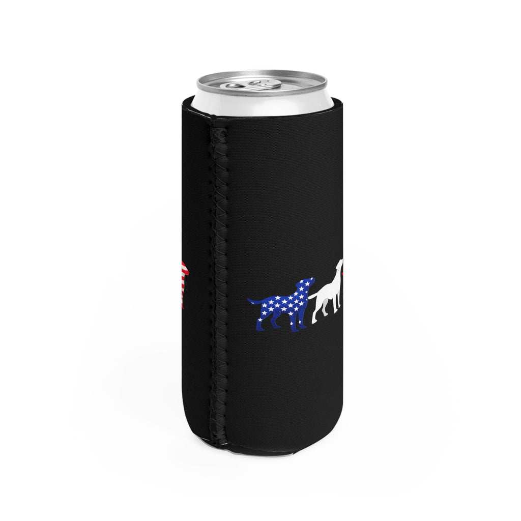 Patriotic Labrador Trio Slim Can Cooler | American Flag Dogs