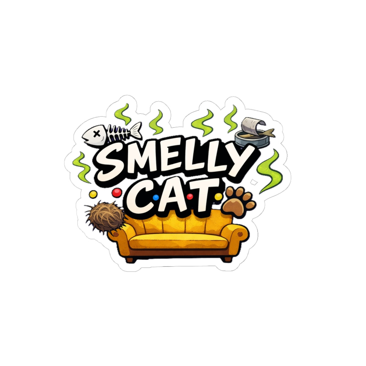 Friends Smelly Cat sticker | Kiss-cut vinyl decal, couch, paw, fishbone design