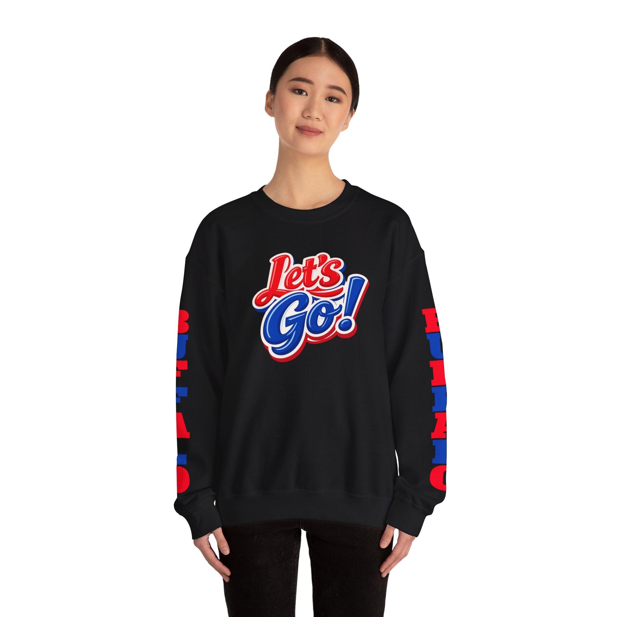 Let's Go! Buffalo crewneck sweatshirt | Retro script design, red blue sleeve text