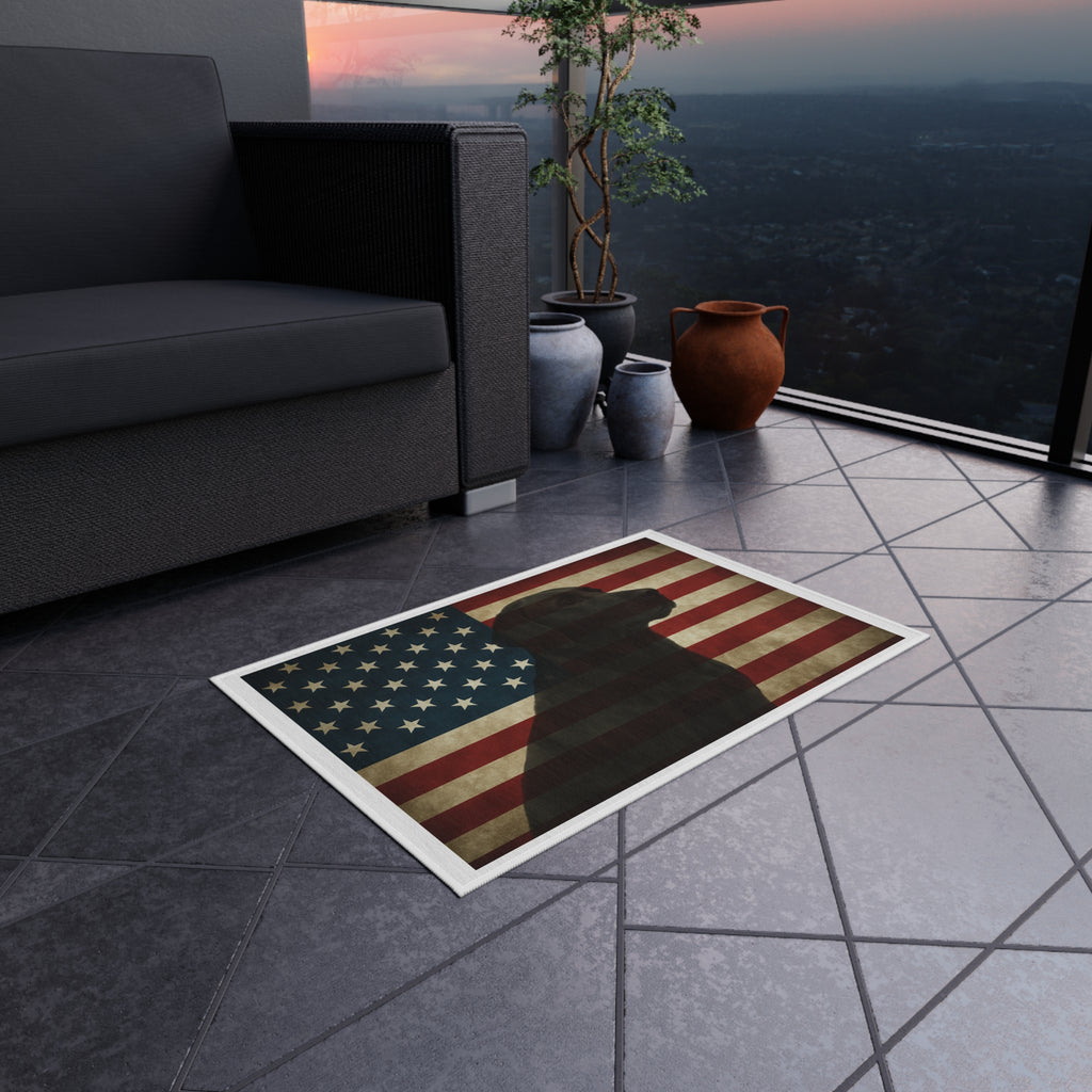 Black Labrador Silhouette on American Flag Outdoor Rug | Patriotic Dog Mat