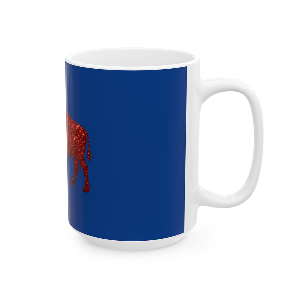 Red Glitter Buffalo Mug | Blue Background Ceramic Mug