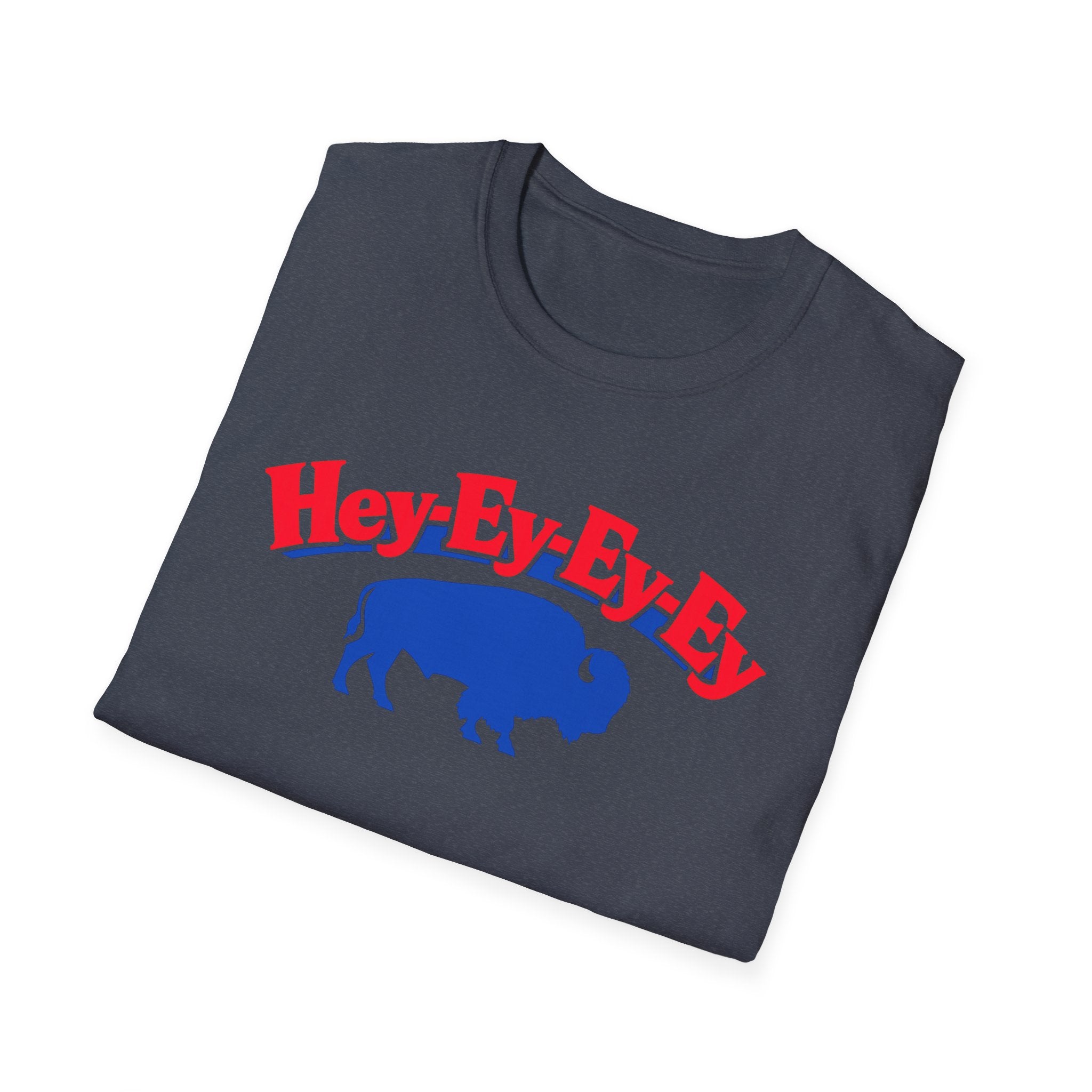 Hey-Ey-Ey-Ey Buffalo T-Shirt | Blue Buffalo Silhouette, Red Retro Text