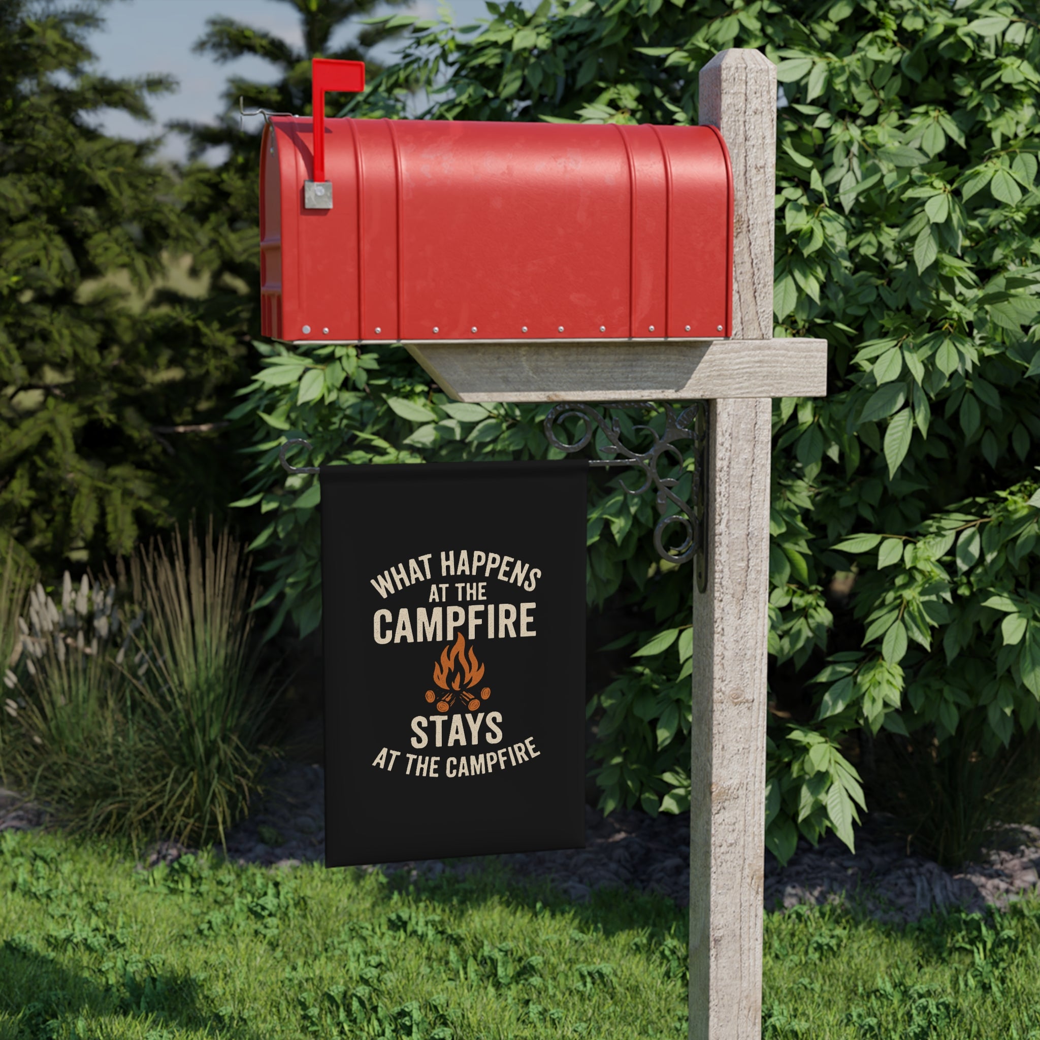 What Happens at the Campfire Stays at the Campfire Garden Banner | Camping Flame Outdoor Decor