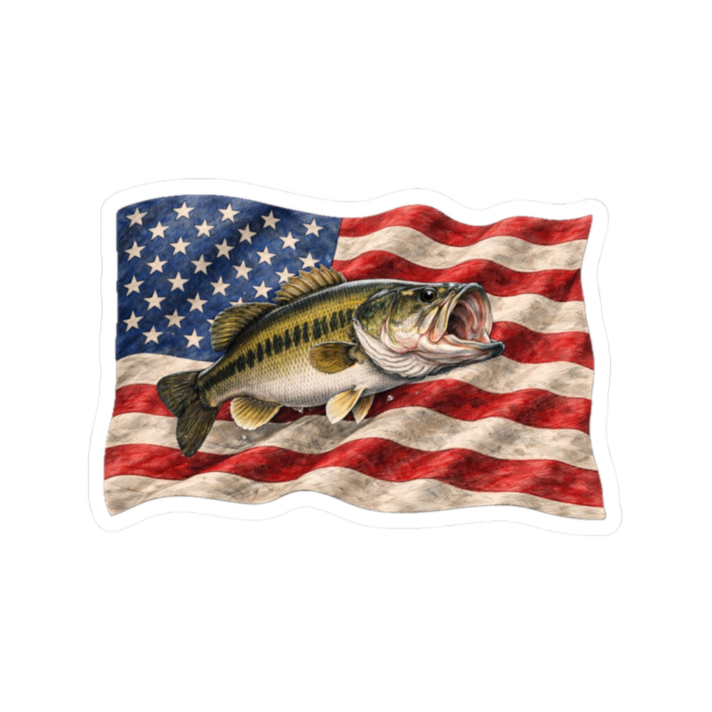Bass Fish on American Flag Sticker | Kiss-Cut Vinyl Sticker