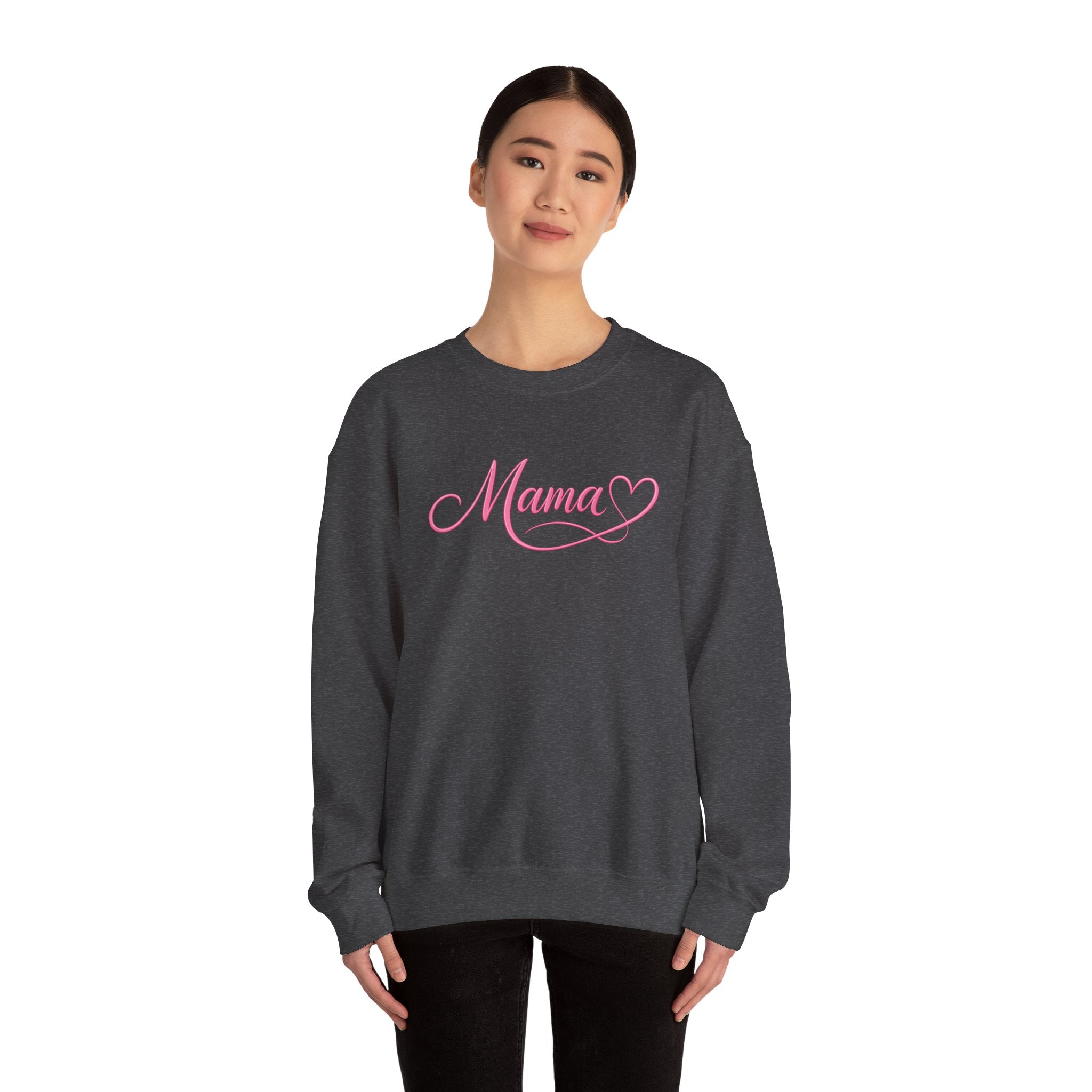 Mama Heart Crewneck Sweatshirt — Pink Script "Mama" Pullover for Moms, Mother's Day Gift