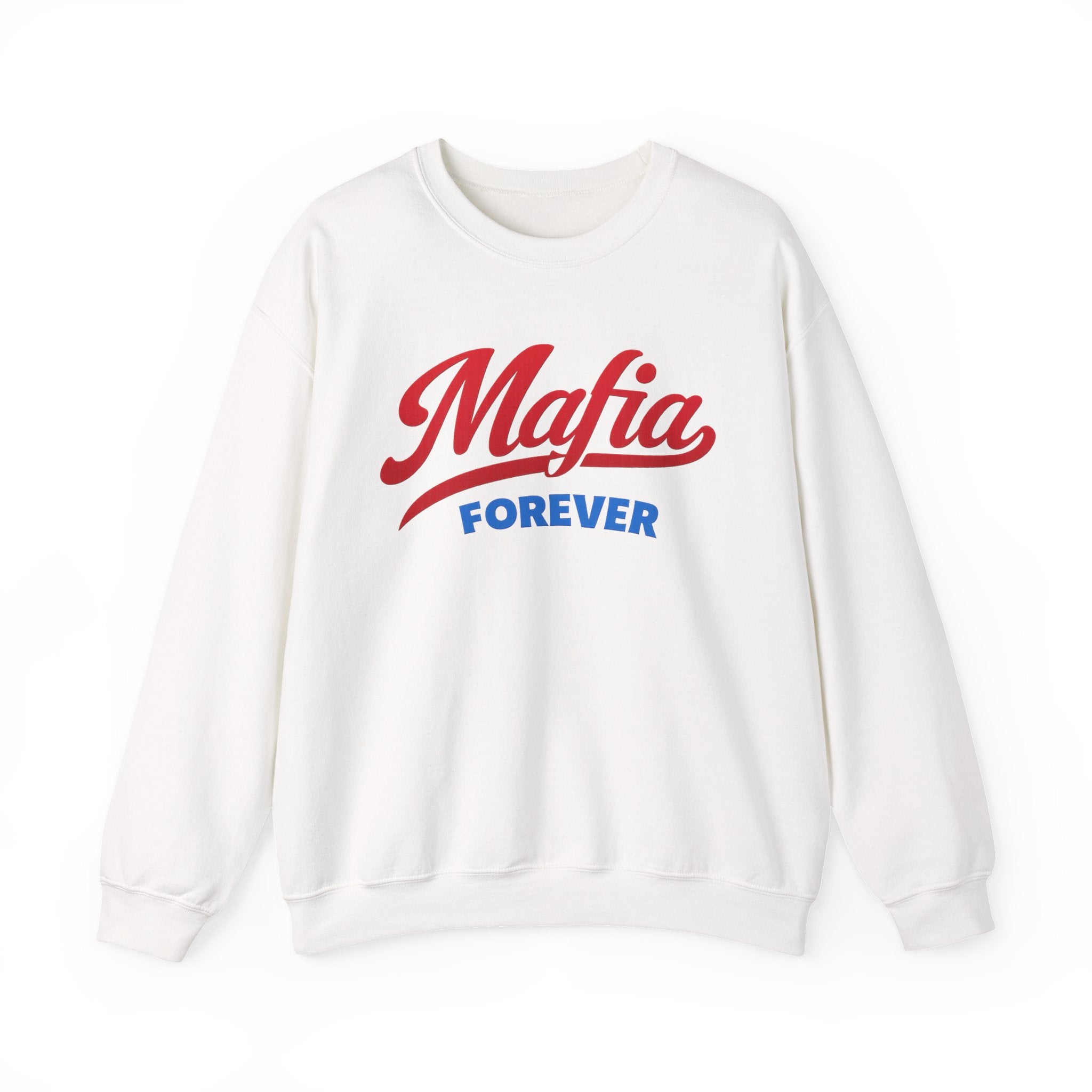 Mafia Forever Crewneck Sweatshirt | Retro Script Logo, White Pullover