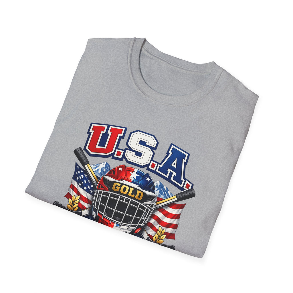 USA Gold Hockey 2K8 T-Shirt — American Flag Hockey Helmet Graphic Tee