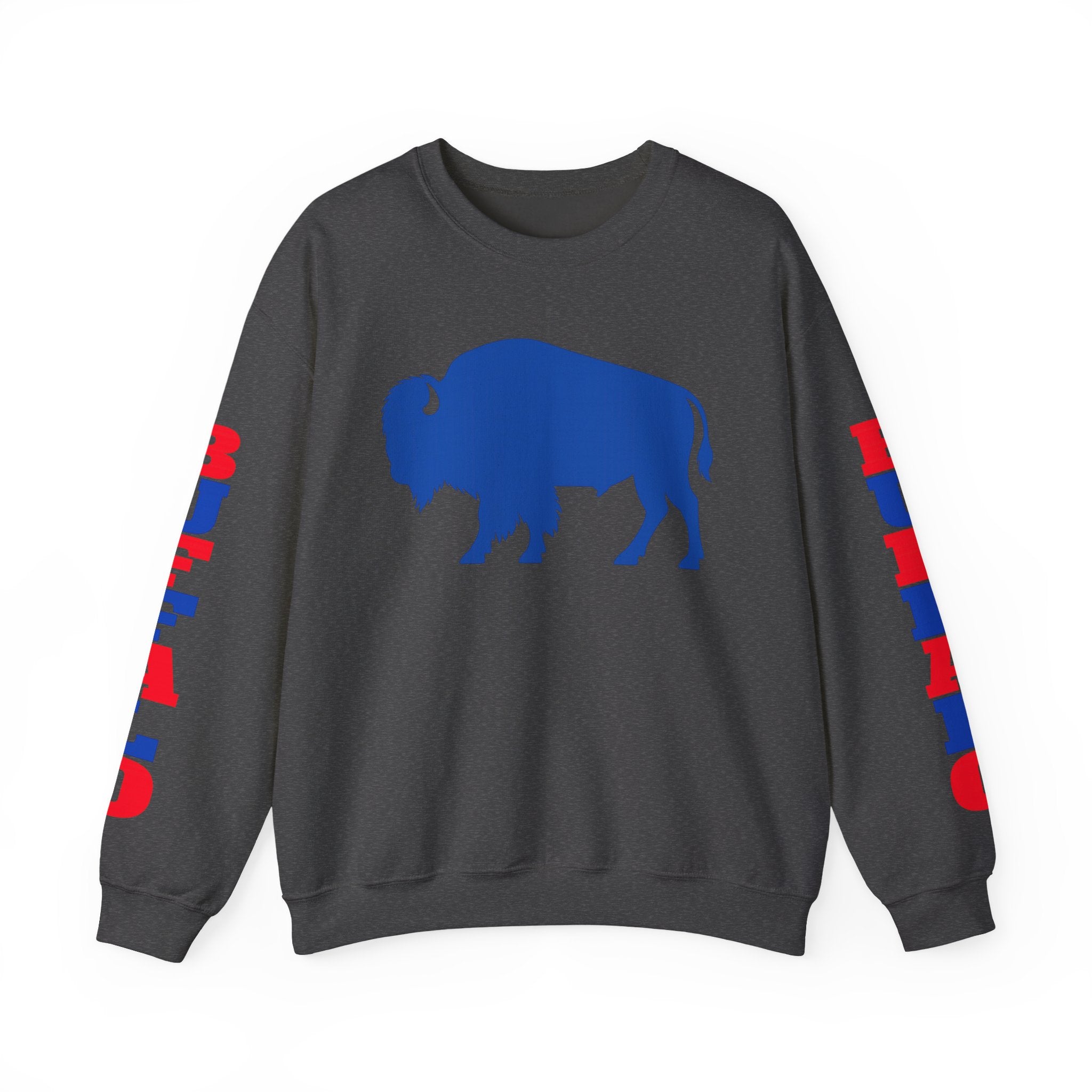 Blue Buffalo Silhouette Buffalo Sweatshirt | Red Blue Sleeve Text