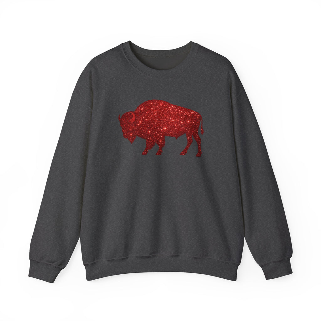 Red Glitter Buffalo Sweatshirt | Rustic Buffalo Silhouette, Western Farm