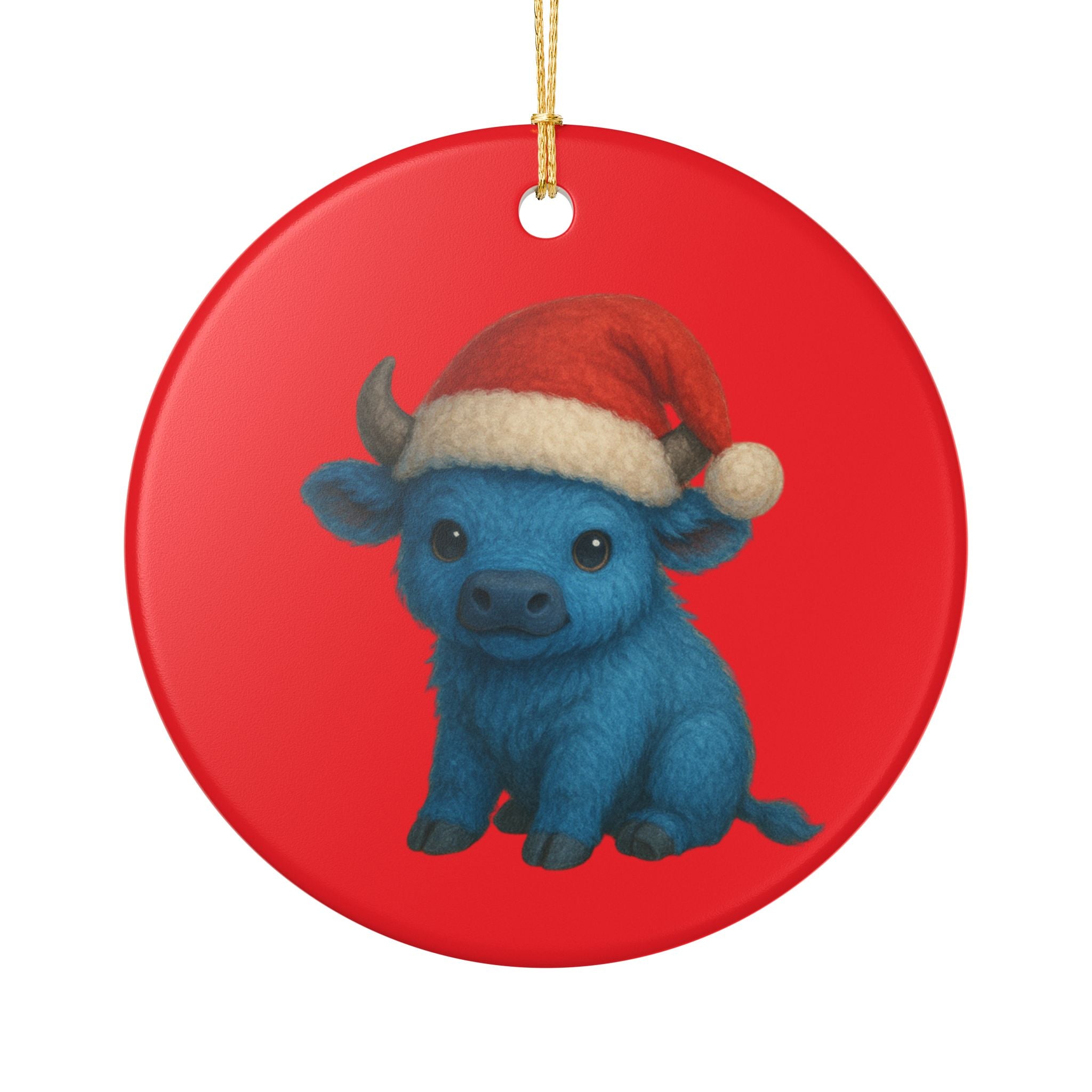 Blue Baby Buffalo in Santa Hat Ornament | Ceramic Christmas Ornament
