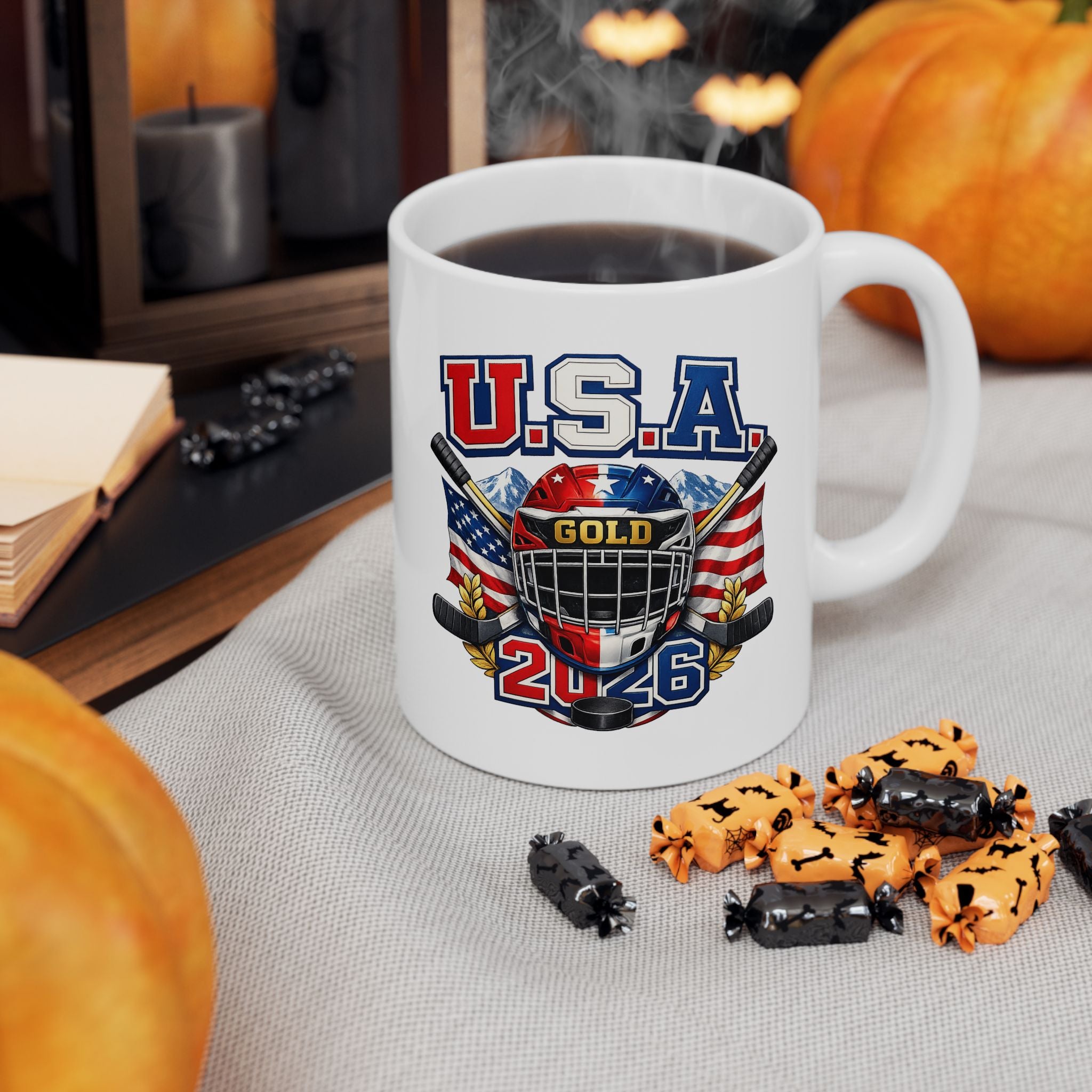 USA Hockey Ceramic Mug — American Flag & Hockey Stick Coffee Mug