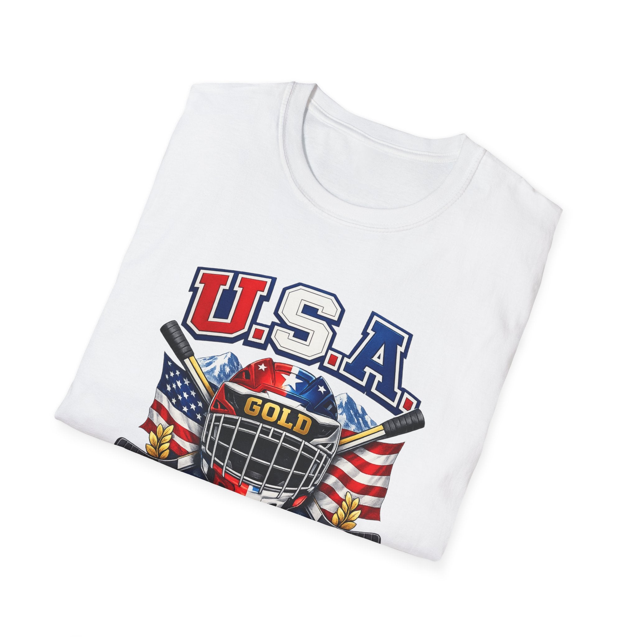 USA Gold Hockey 2K8 T-Shirt — American Flag Hockey Helmet Graphic Tee