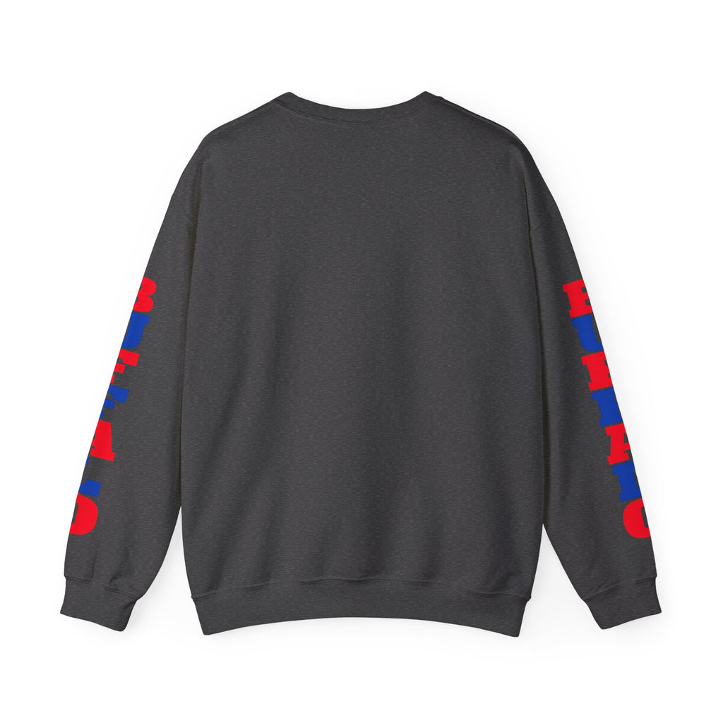 Let's Go! Buffalo crewneck sweatshirt | Retro script design, red blue sleeve text