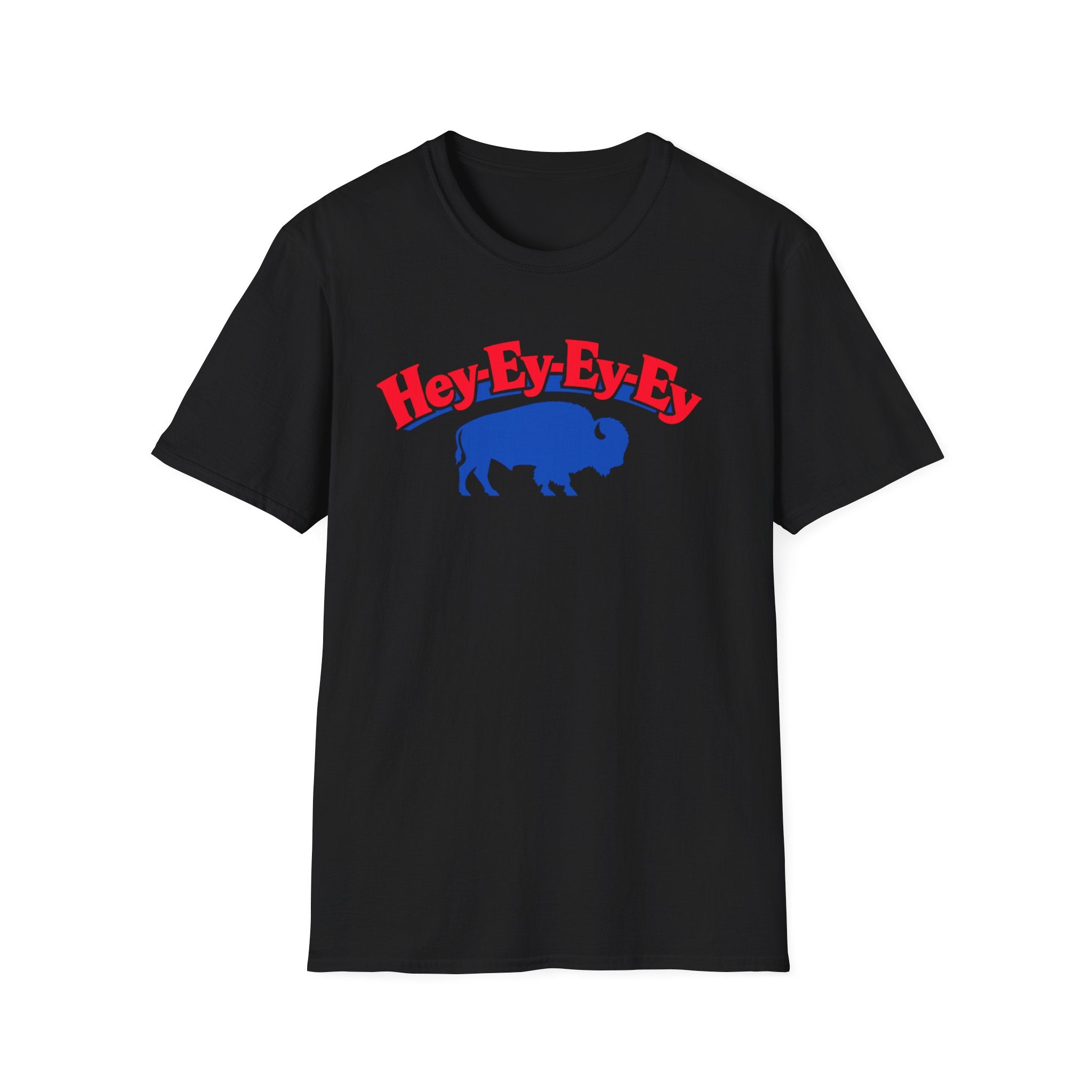 Hey-Ey-Ey-Ey Buffalo T-Shirt | Blue Buffalo Silhouette, Red Retro Text
