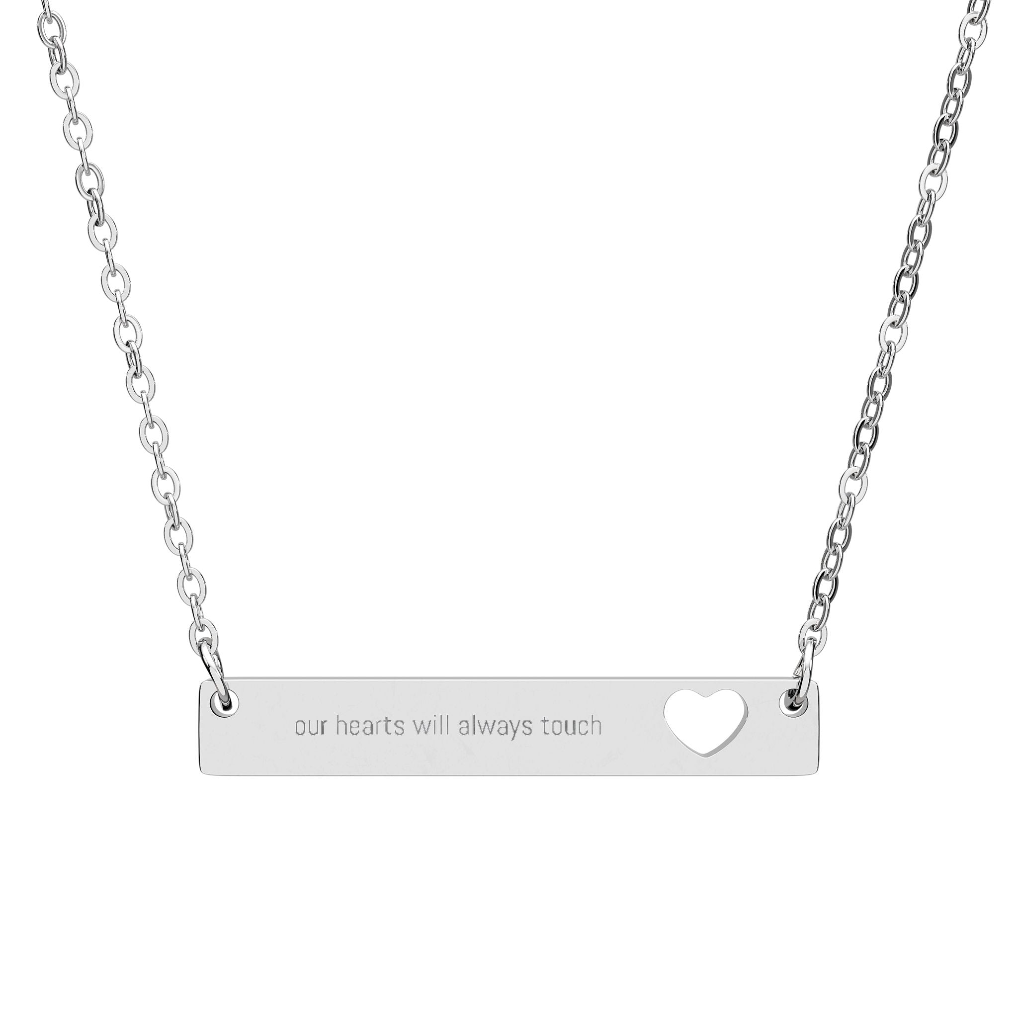 Cutout Heart Bar Necklace, Engraving Bar Necklace | Sterling Silver or Rose Gold | our hearts will always touch