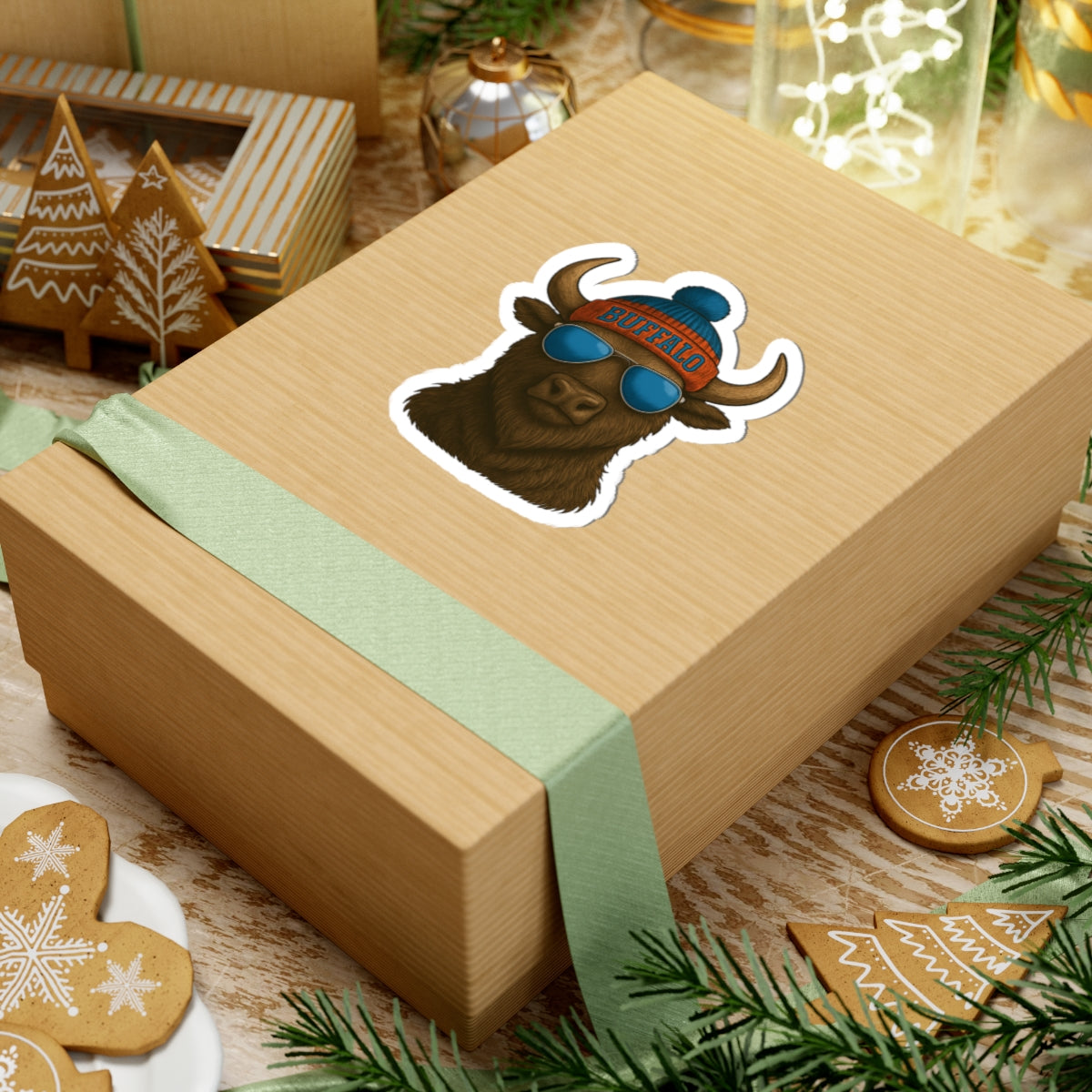 Buffalo Head sticker | Kiss-Cut Sticker, winter beanie sunglasses