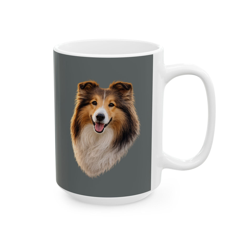 Collie Portrait Mug | Collie Dog Coffee Cup, Grey Background