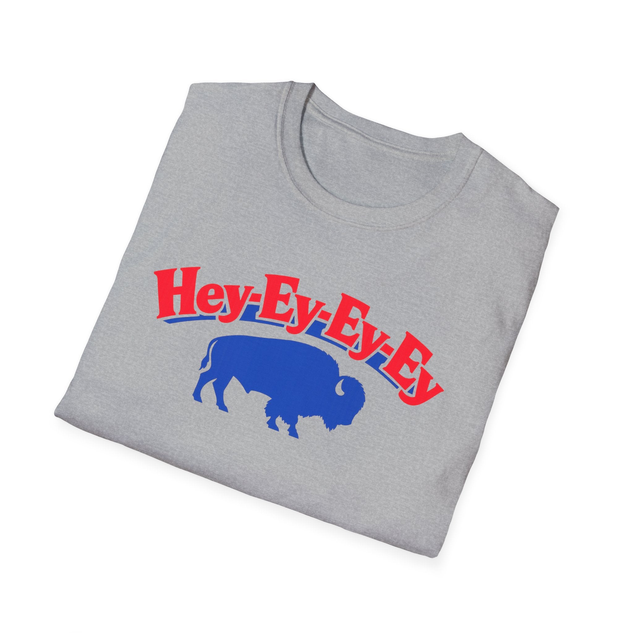 Hey-Ey-Ey-Ey Buffalo T-Shirt | Blue Buffalo Silhouette, Red Retro Text
