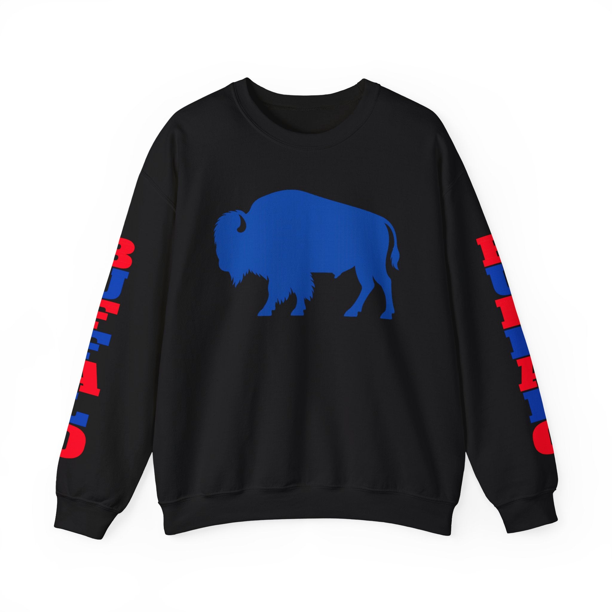 Blue Buffalo Silhouette Buffalo Sweatshirt | Red Blue Sleeve Text
