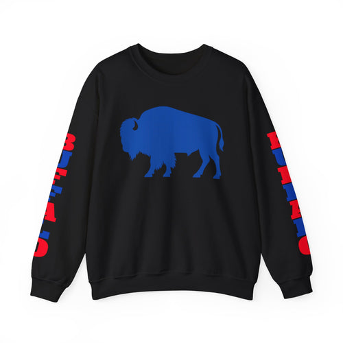 Blue Buffalo Silhouette Buffalo Sweatshirt | Red Blue Sleeve Text