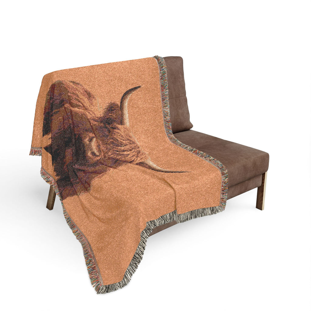 Highland Cow Woven Blanket | Scottish Cattle Throw, Rustic Farmhouse Decor