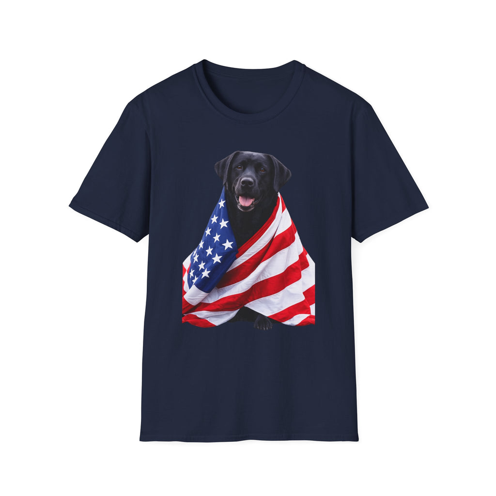 Black Labrador Wrapped in American Flag T-Shirt | Patriotic Dog Tee