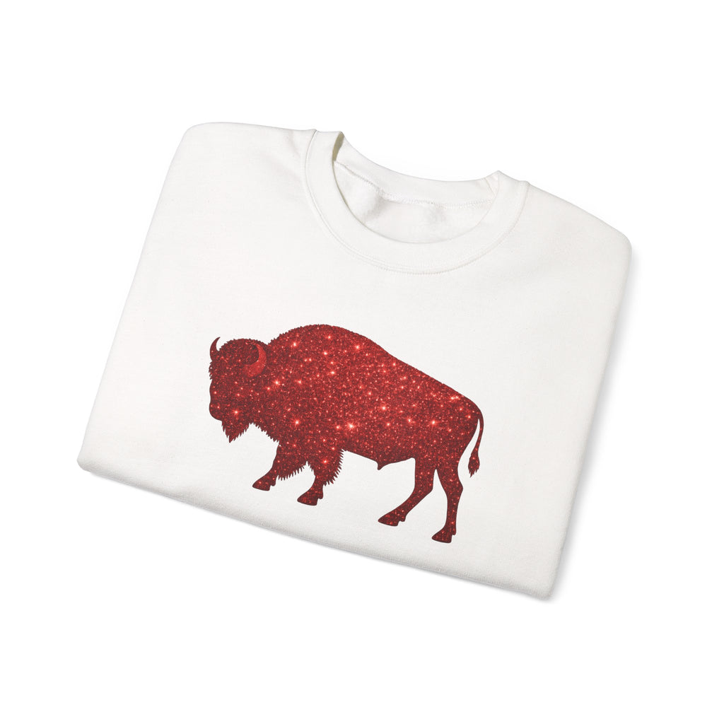Red Glitter Buffalo Sweatshirt | Rustic Buffalo Silhouette, Western Farm