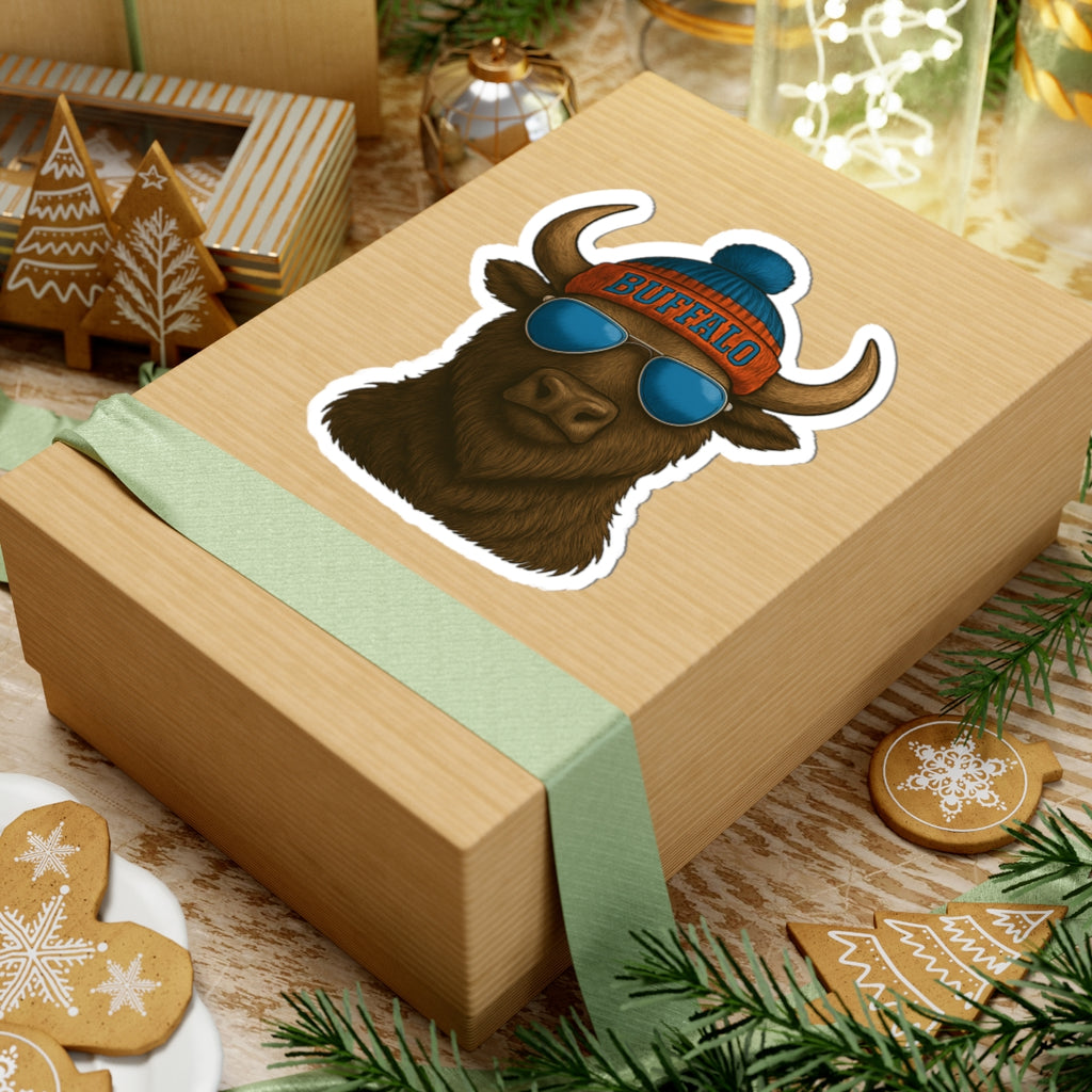 Buffalo Head sticker | Kiss-Cut Sticker, winter beanie sunglasses
