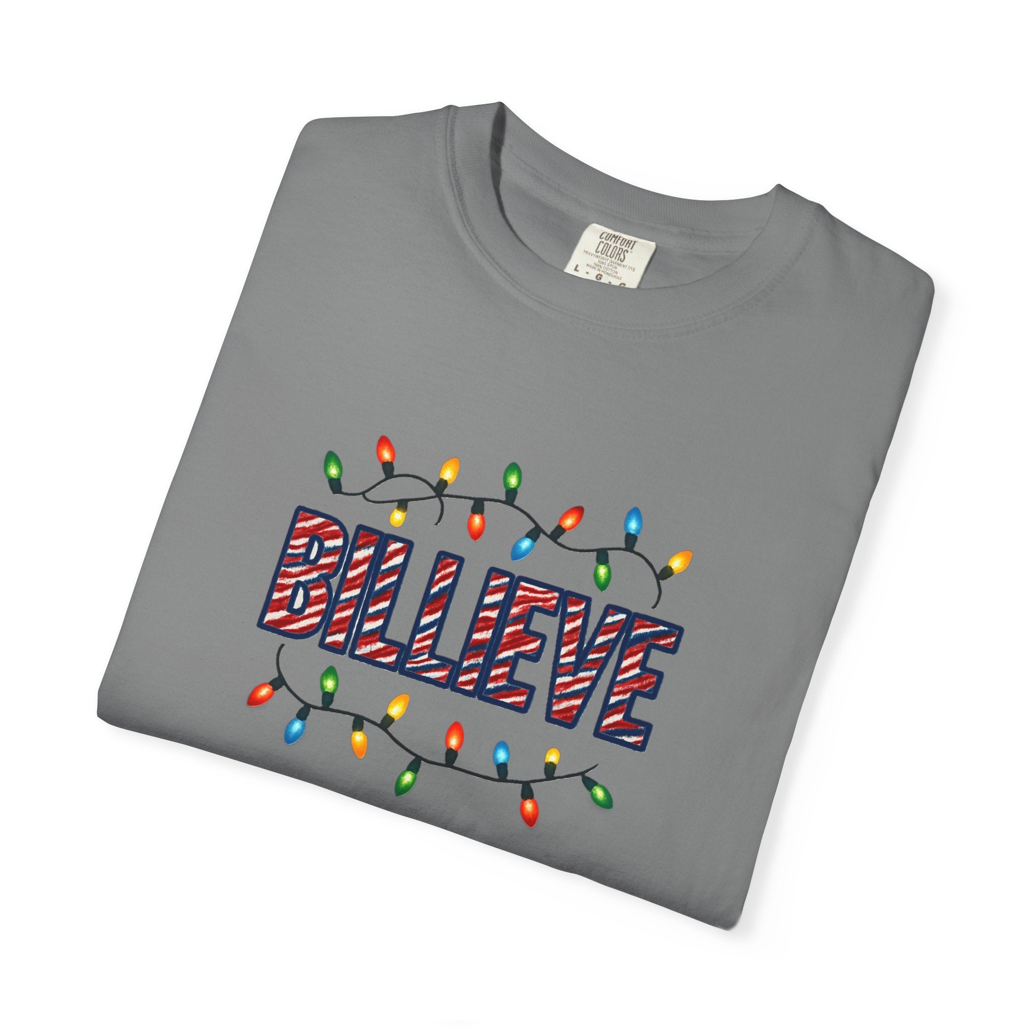 Billieve text with Christmas lights T-Shirt | Holiday graphic tee