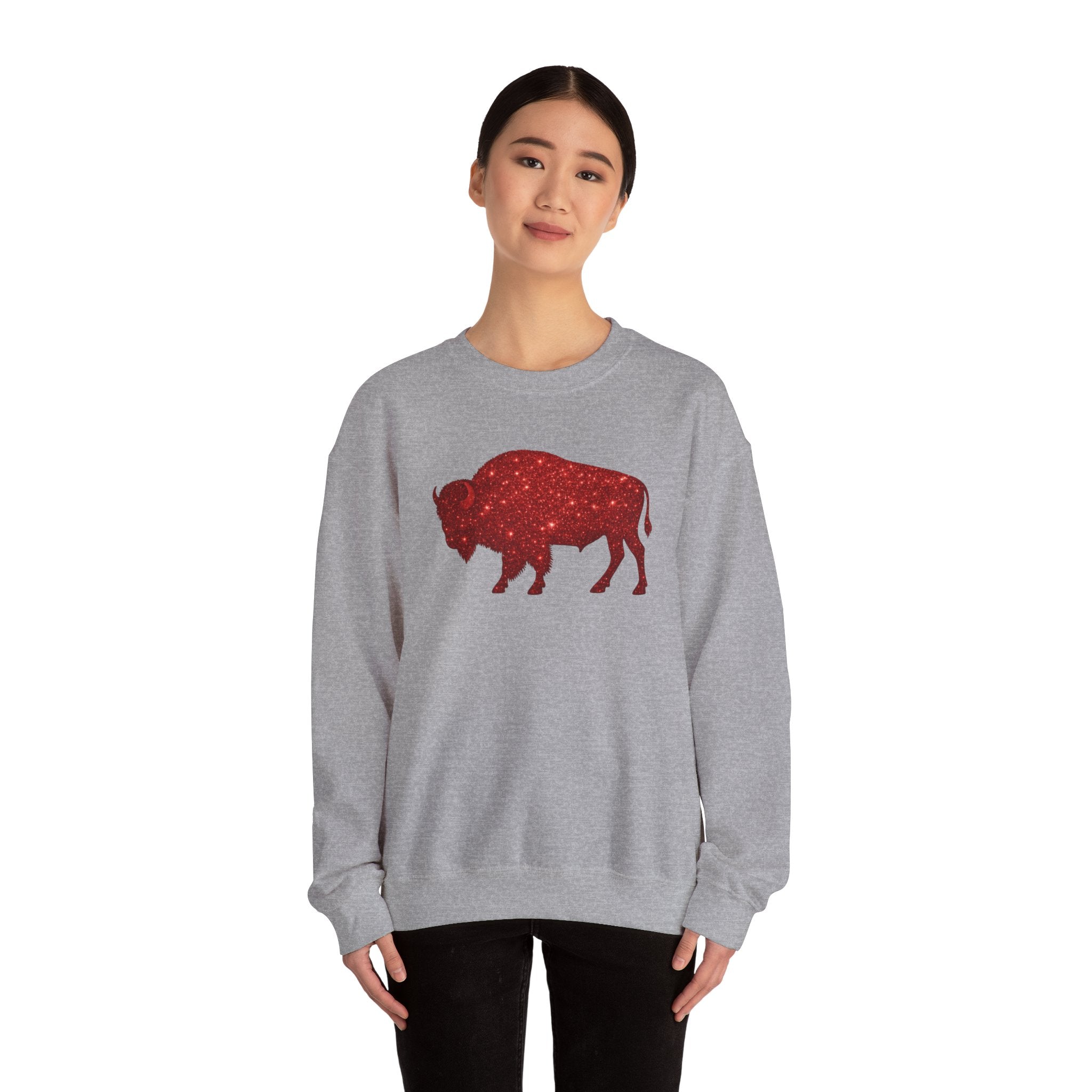Red Glitter Buffalo Sweatshirt | Rustic Buffalo Silhouette, Western Farm