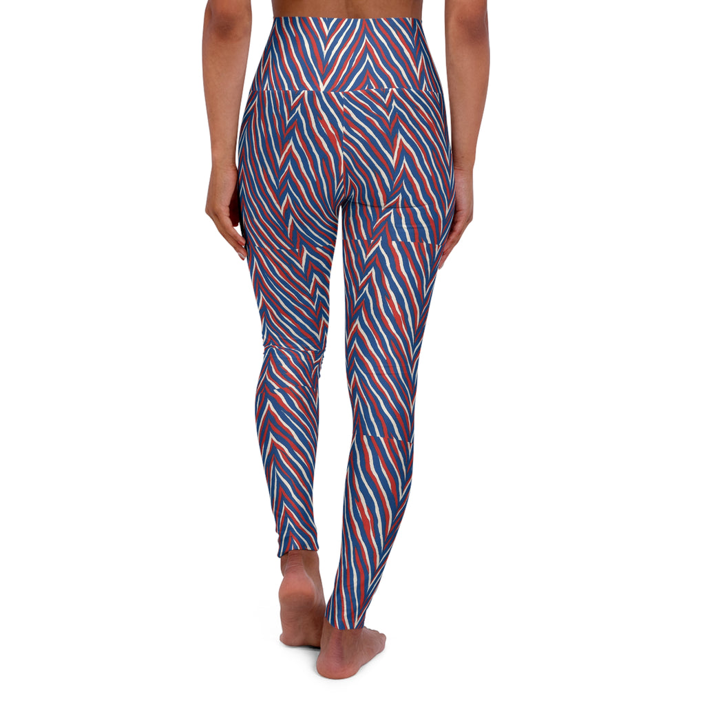 Red Blue Chevron Striped Leggings High Waisted Yoga Leggings | Abstract Geometric Pattern