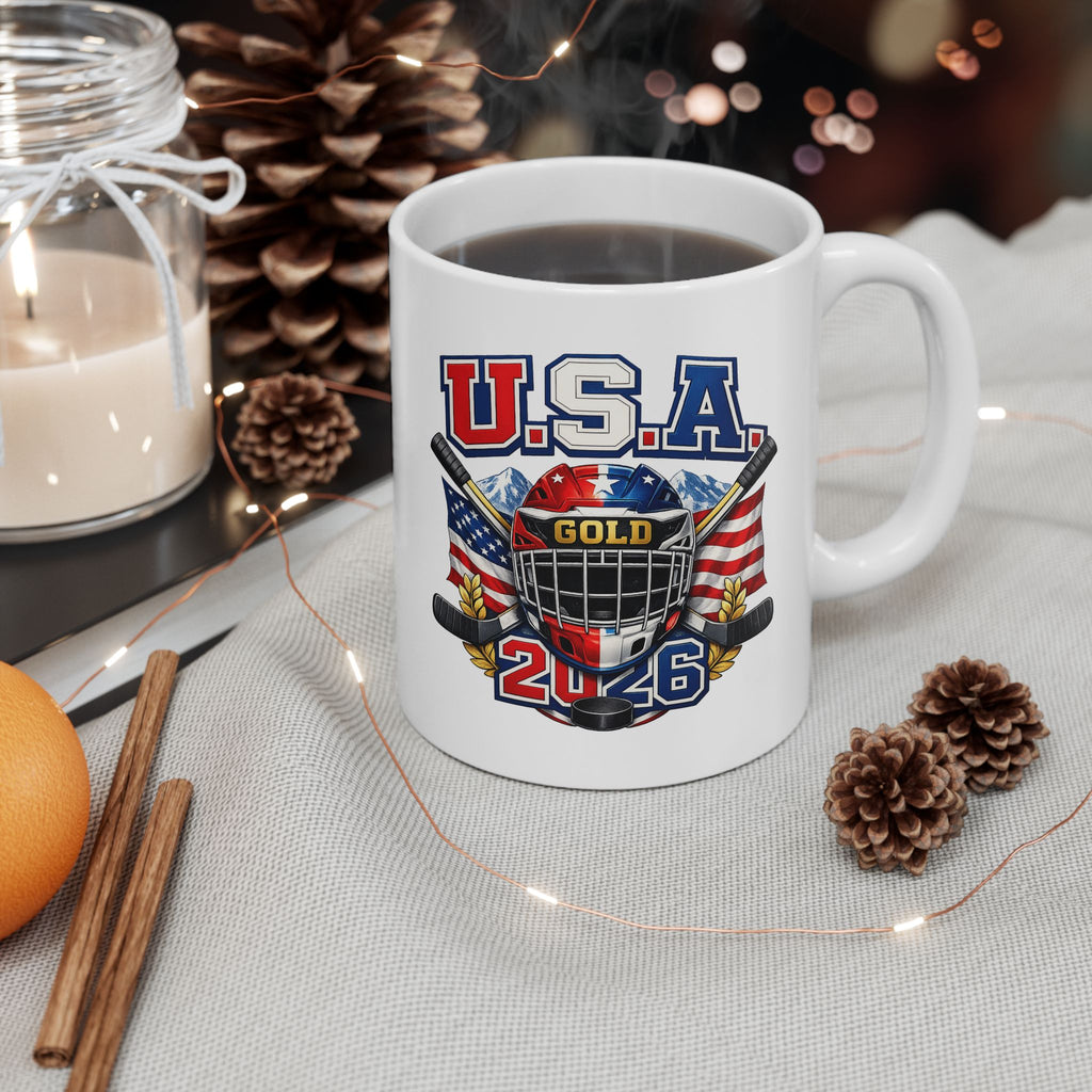 USA Hockey Ceramic Mug — American Flag & Hockey Stick Coffee Mug