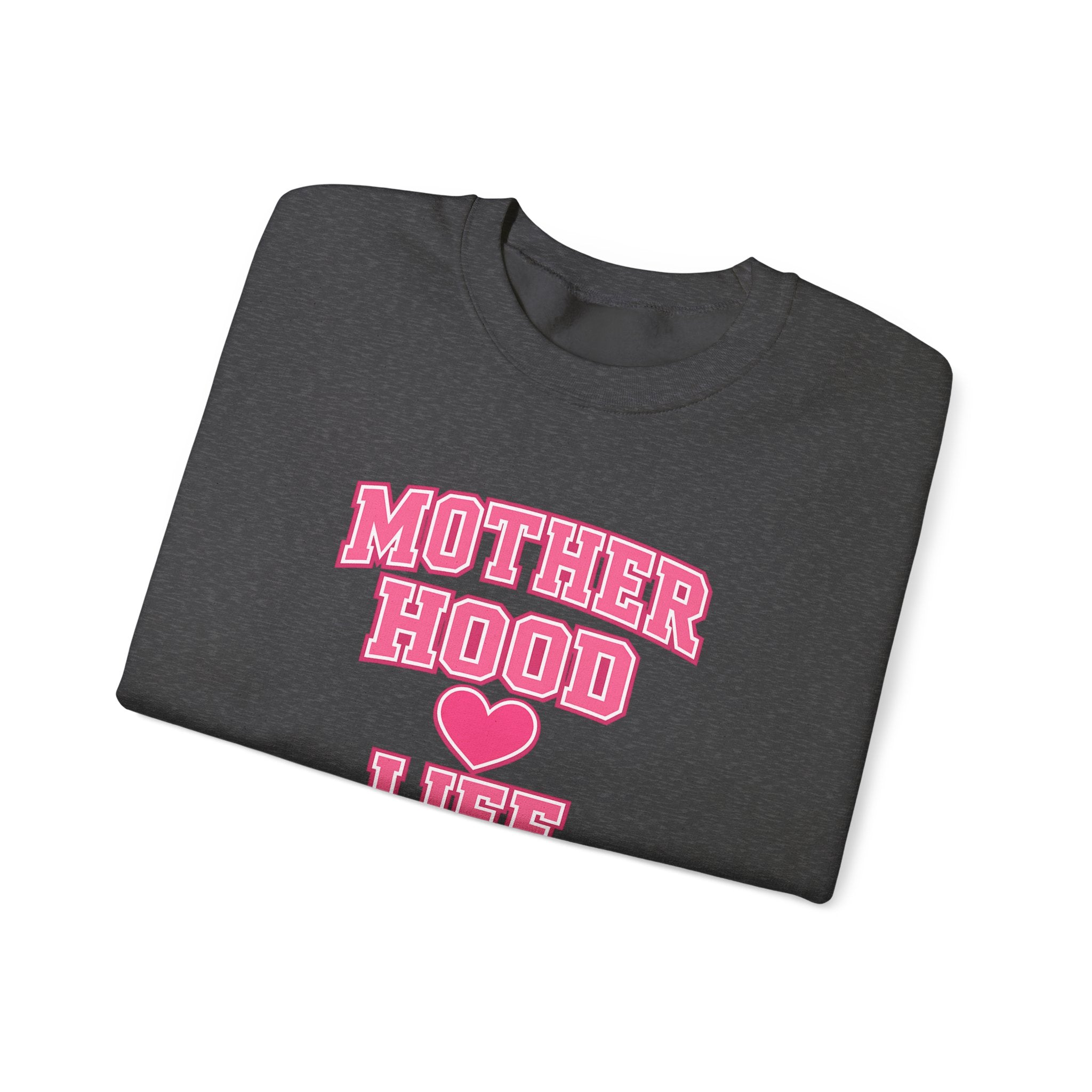 Crewneck Sweatshirt — "Motherhood Life" Pink Varsity Heart Graphic