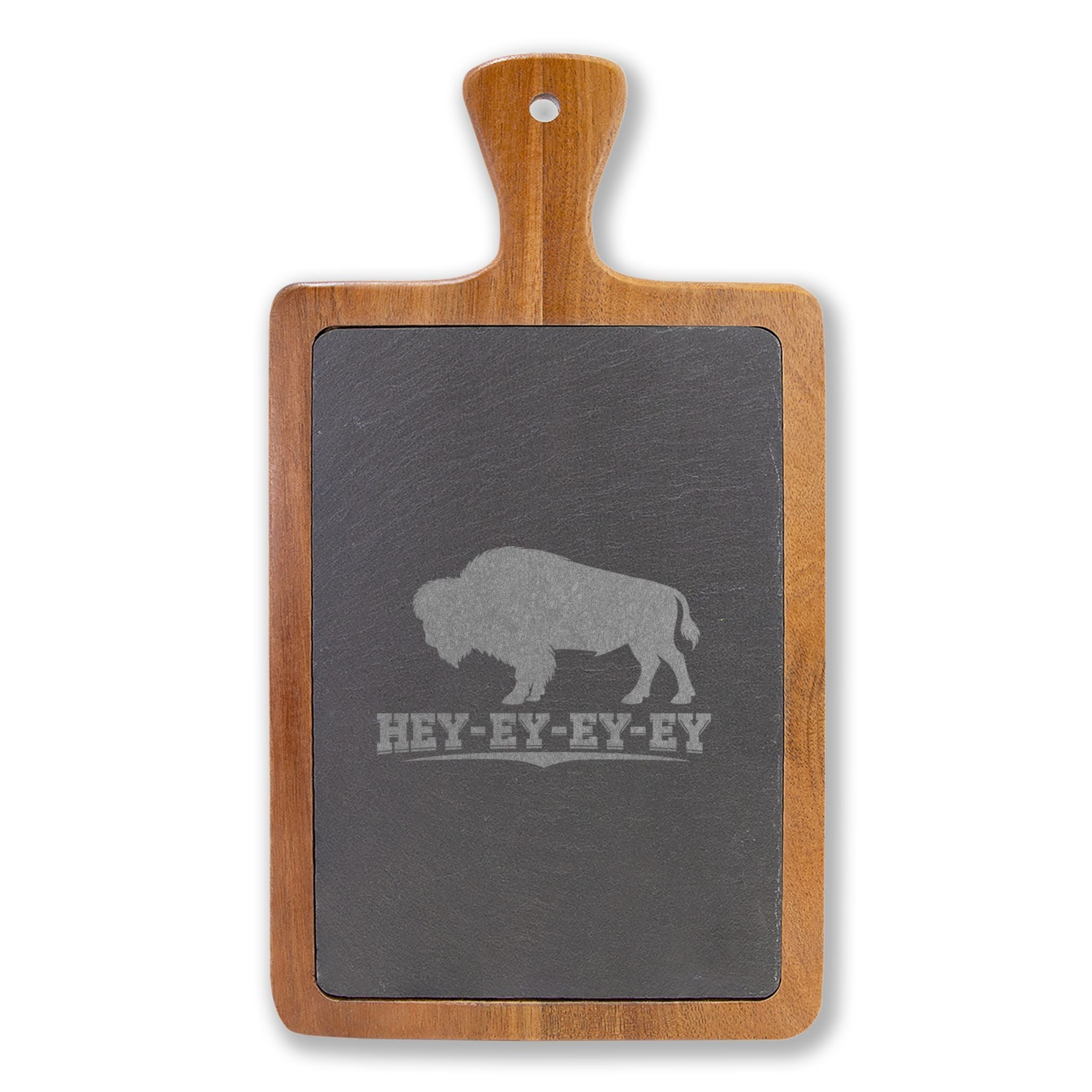 Engraved Buffalo Charcuterie Board with Slate Insert – 'Hey-Ey-Ey-Ey'