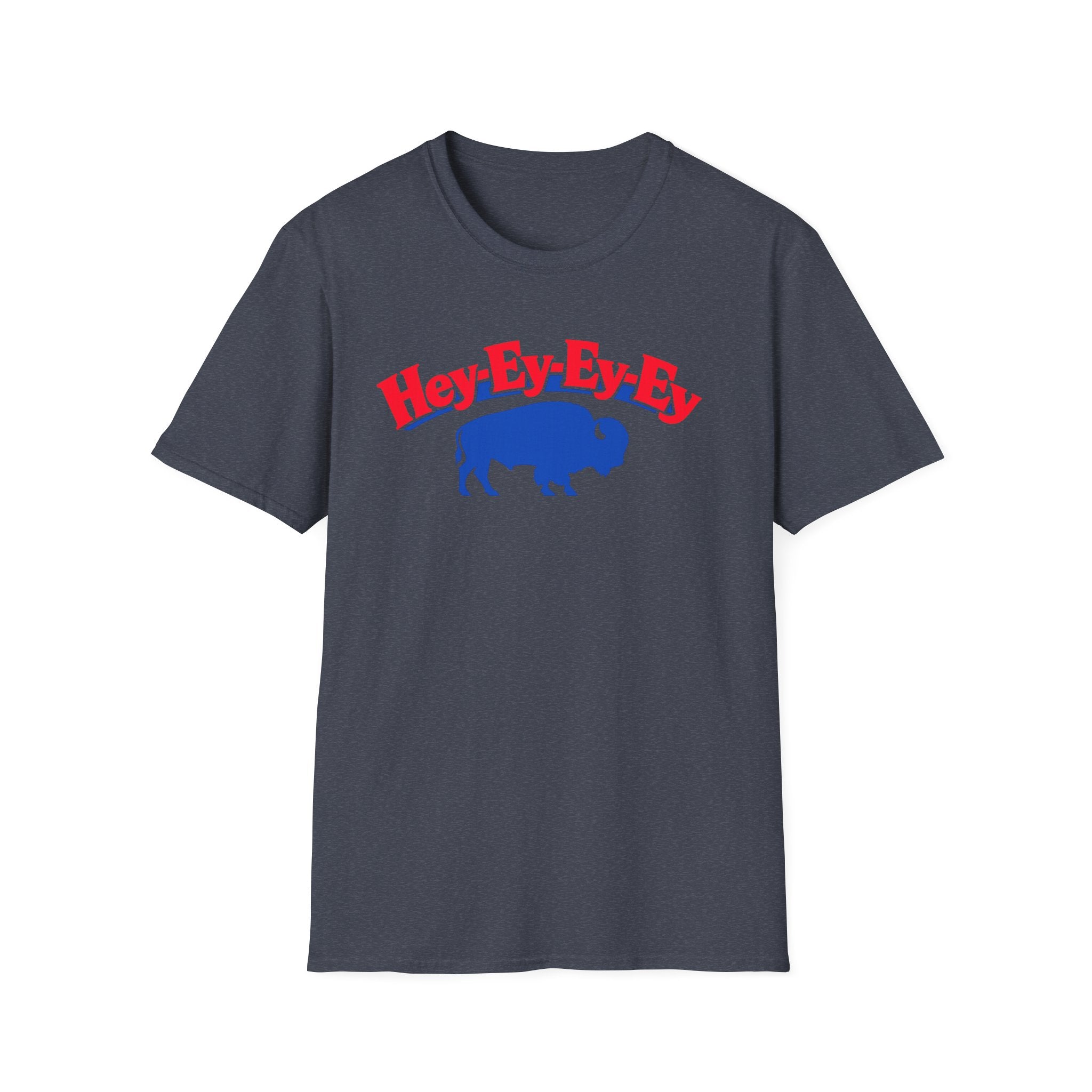 Hey-Ey-Ey-Ey Buffalo T-Shirt | Blue Buffalo Silhouette, Red Retro Text