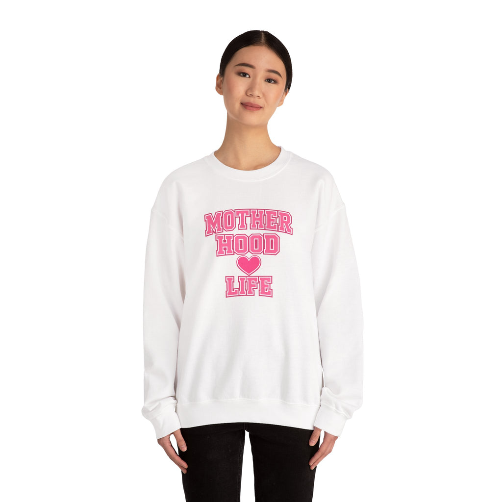 Crewneck Sweatshirt — "Motherhood Life" Pink Varsity Heart Graphic