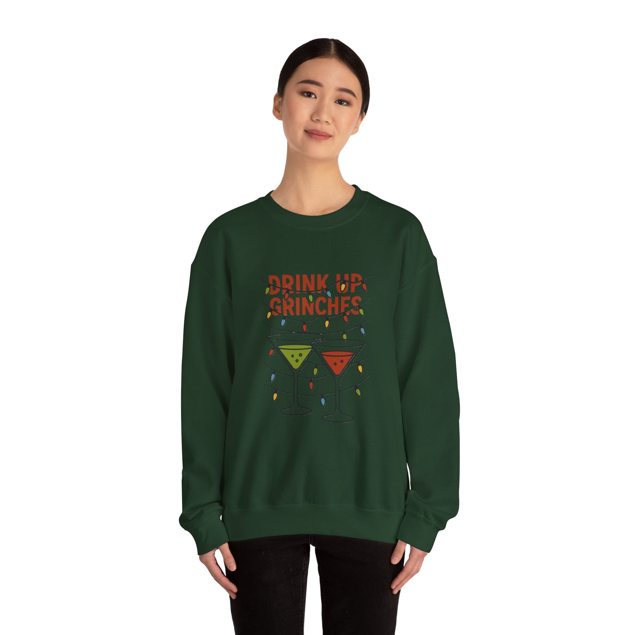 Drink Up Grinches Sweatshirt | Christmas cocktail lights holiday design