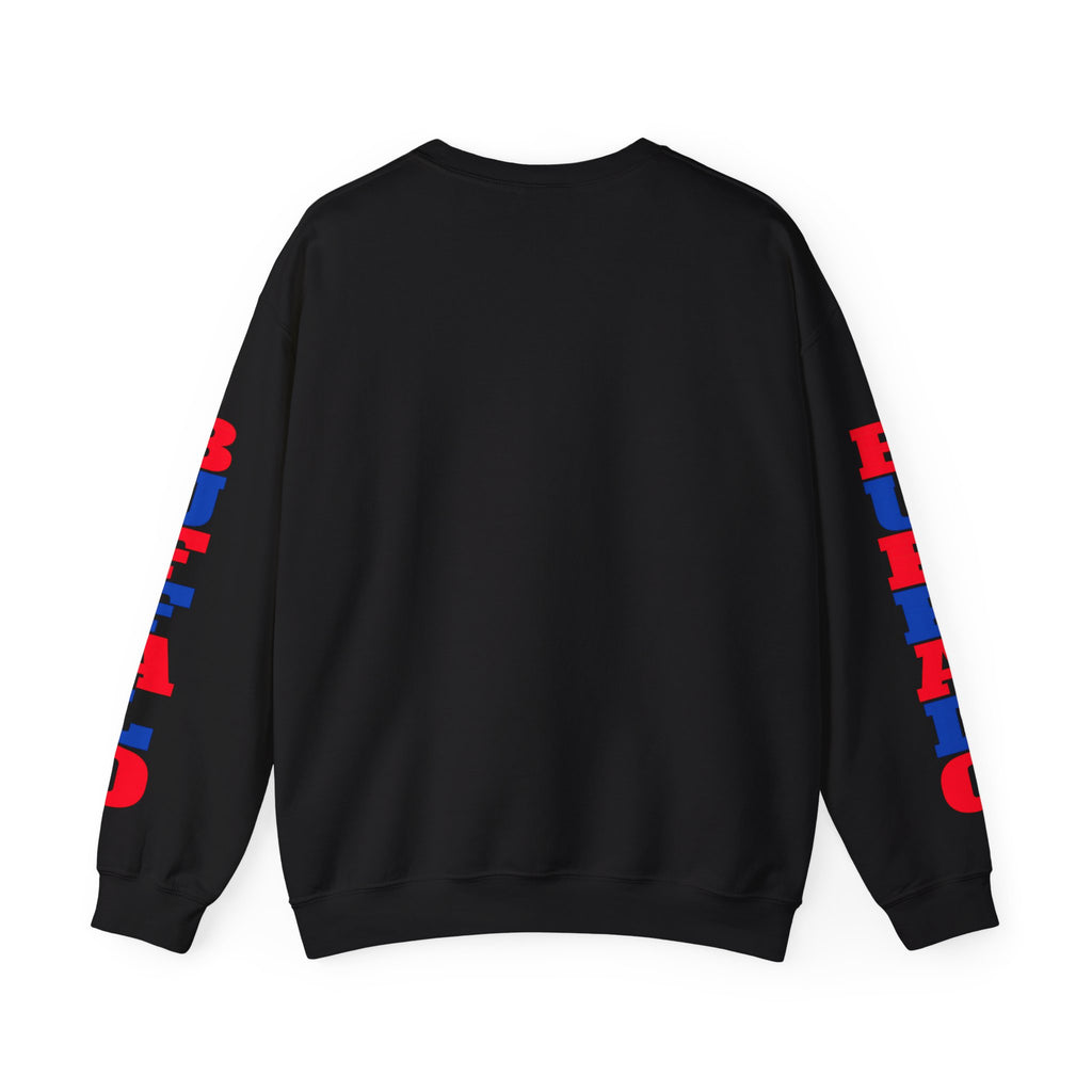 Let's Go! Buffalo crewneck sweatshirt | Retro script design, red blue sleeve text