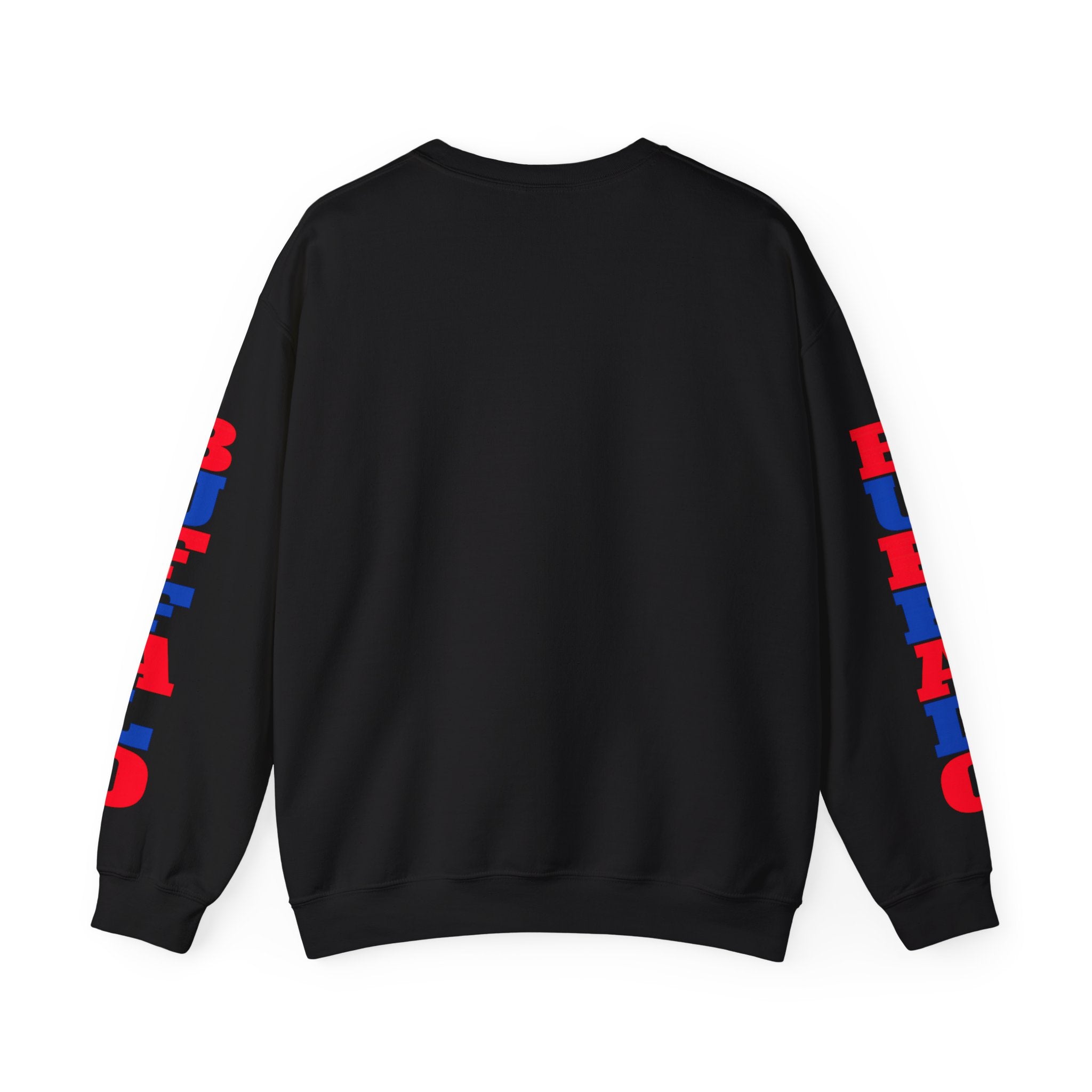 Let's Go! Buffalo crewneck sweatshirt | Retro script design, red blue sleeve text