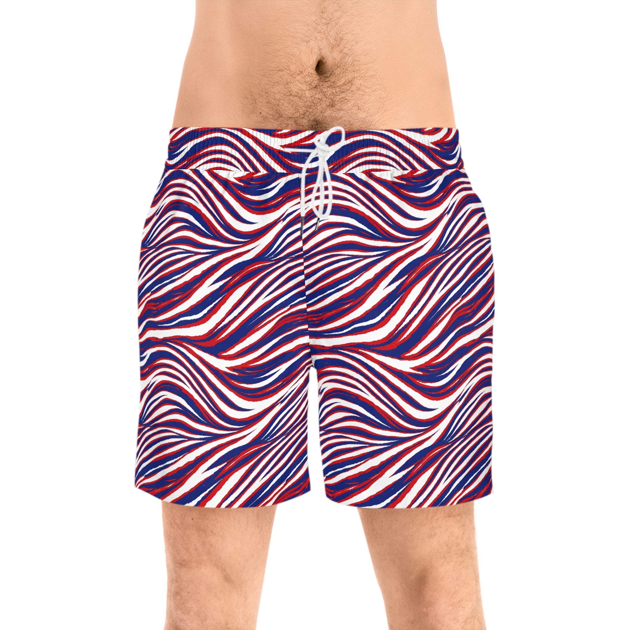 Buffalo Red White Blue Wavy Stripes Swim Shorts | Men's Mid-Length Swim Shorts