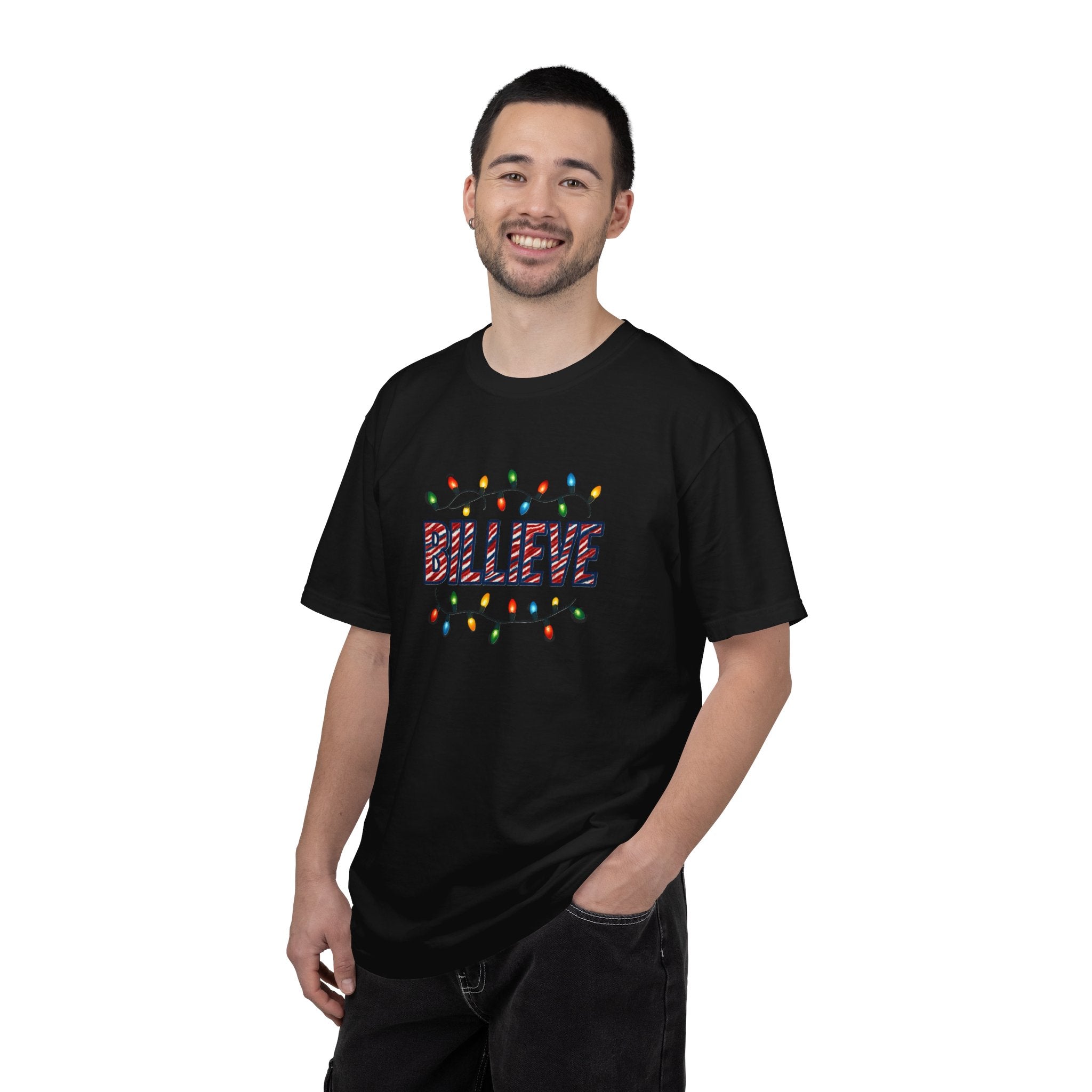 Billieve text with Christmas lights T-Shirt | Holiday graphic tee
