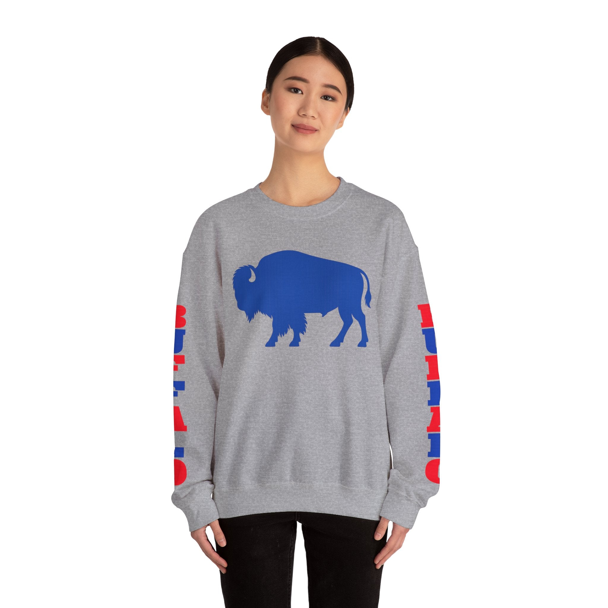 Blue Buffalo Silhouette Buffalo Sweatshirt | Red Blue Sleeve Text