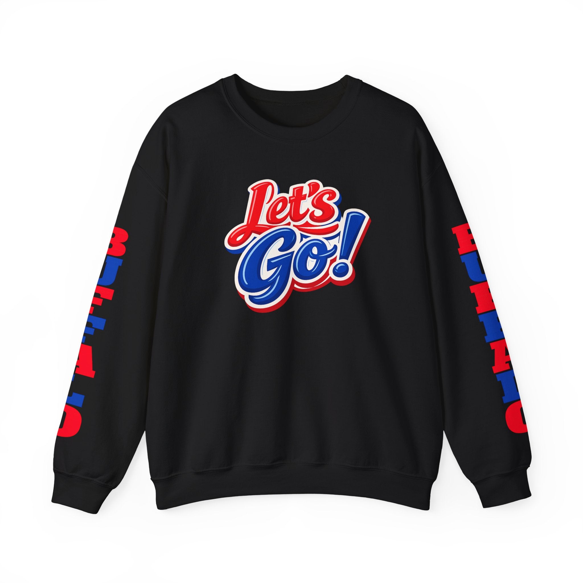 Let's Go! Buffalo crewneck sweatshirt | Retro script design, red blue sleeve text