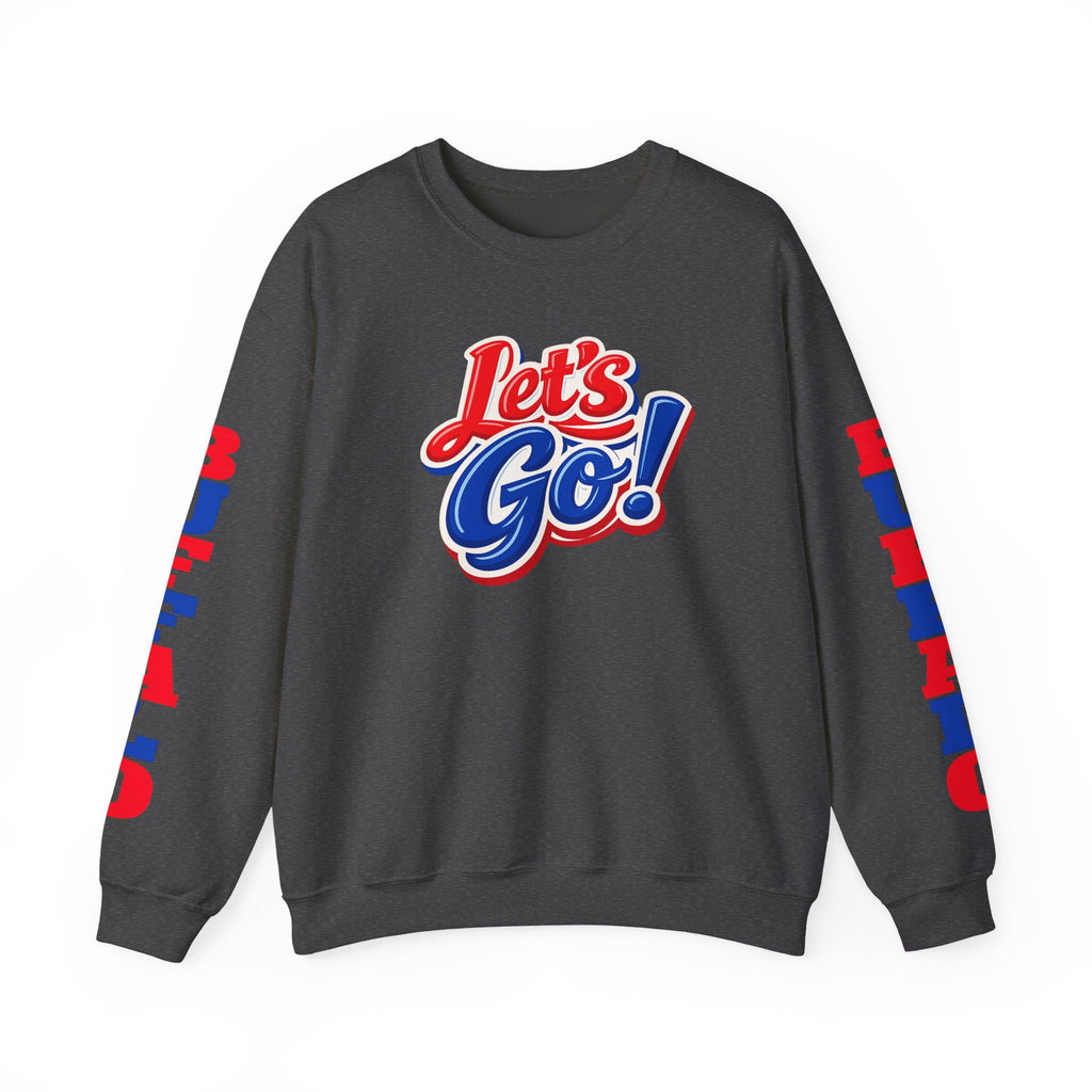 Let's Go! Buffalo crewneck sweatshirt | Retro script design, red blue sleeve text