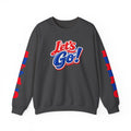 Let's Go! Buffalo crewneck sweatshirt | Retro script design, red blue sleeve text