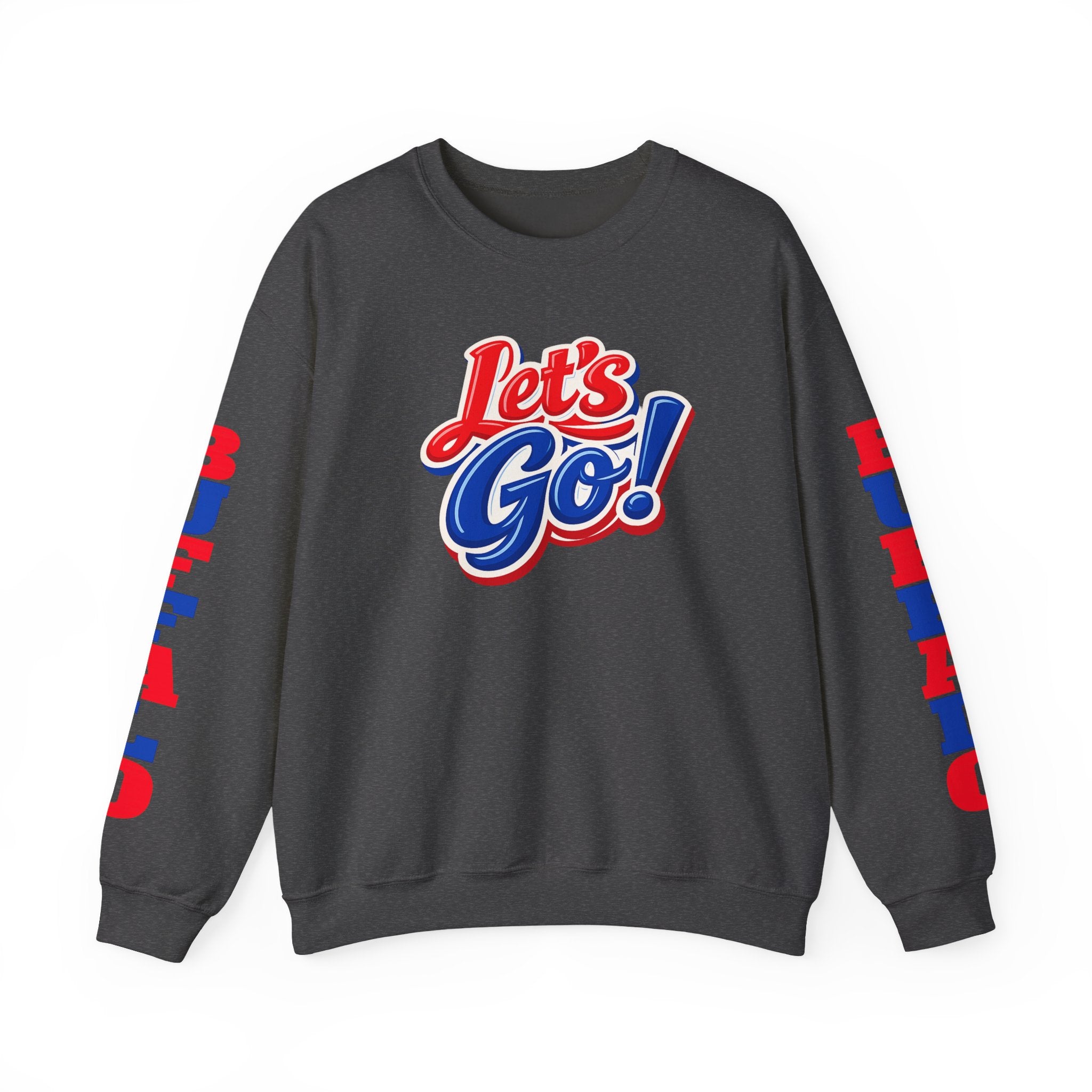 Let's Go! Buffalo crewneck sweatshirt | Retro script design, red blue sleeve text