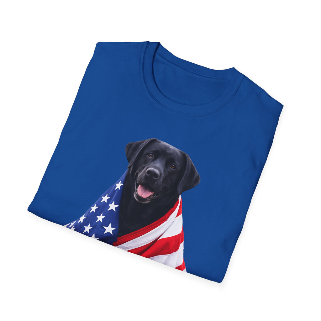 Black Labrador Wrapped in American Flag T-Shirt | Patriotic Dog Tee