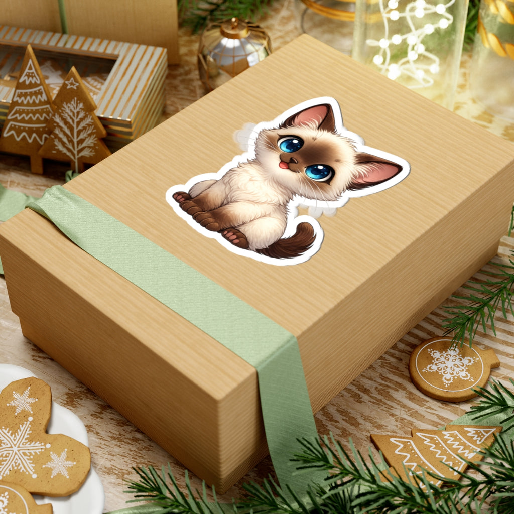 Cute Siamese Kitten Sticker | Kiss-Cut Cat Decal, Blue Eyes Laptop Sticker