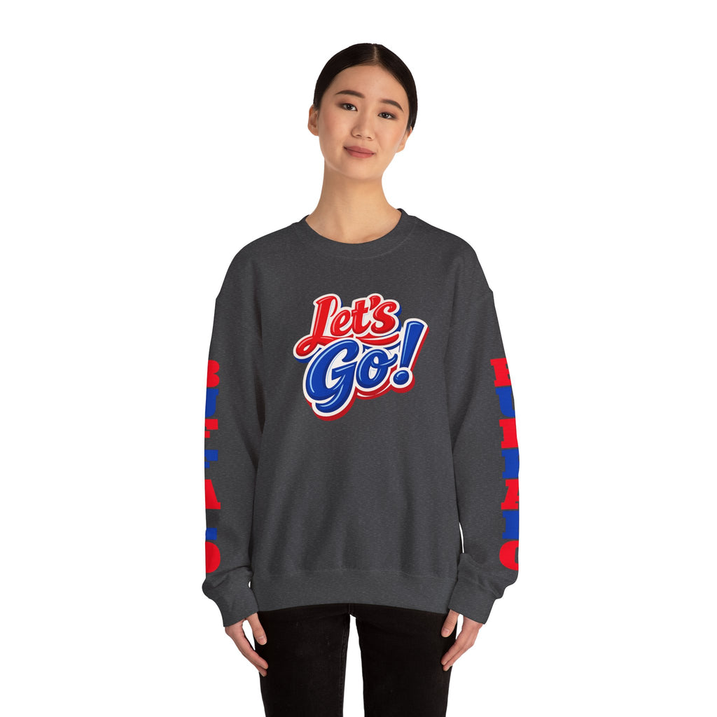 Let's Go! Buffalo crewneck sweatshirt | Retro script design, red blue sleeve text